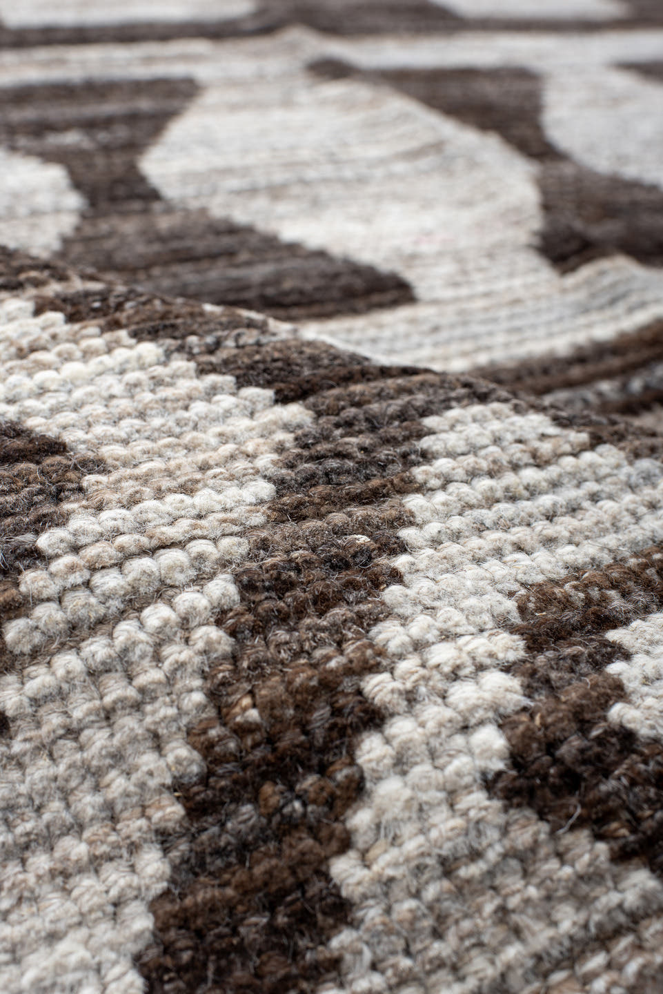 9' x 12' one-of-a-kind handmade vintage Tulu large size rug. Color palette: ivory, brown, taupe, beige, gray