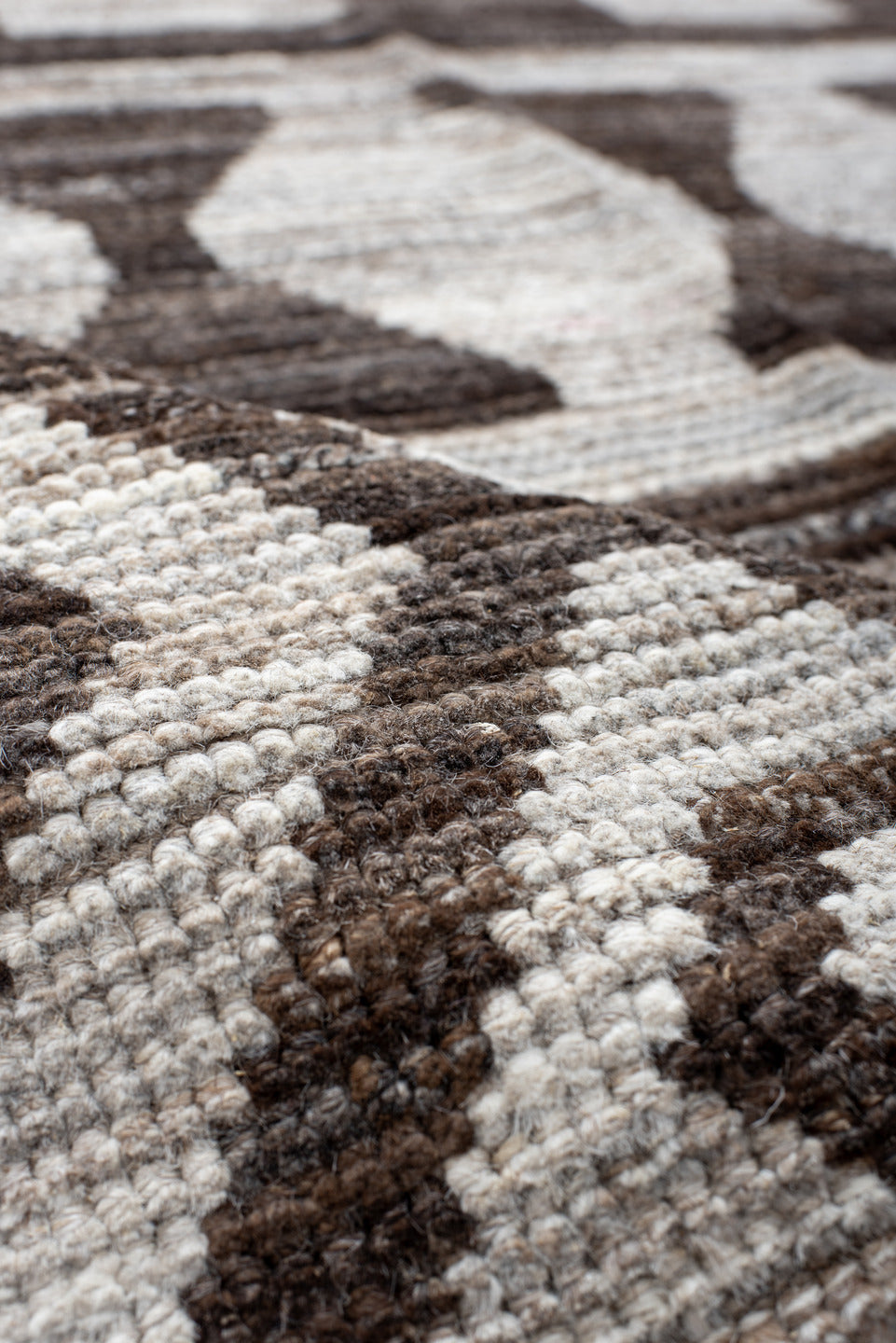 9' x 12' one-of-a-kind handmade vintage Tulu large size rug. Color palette: ivory, brown, taupe, beige, gray