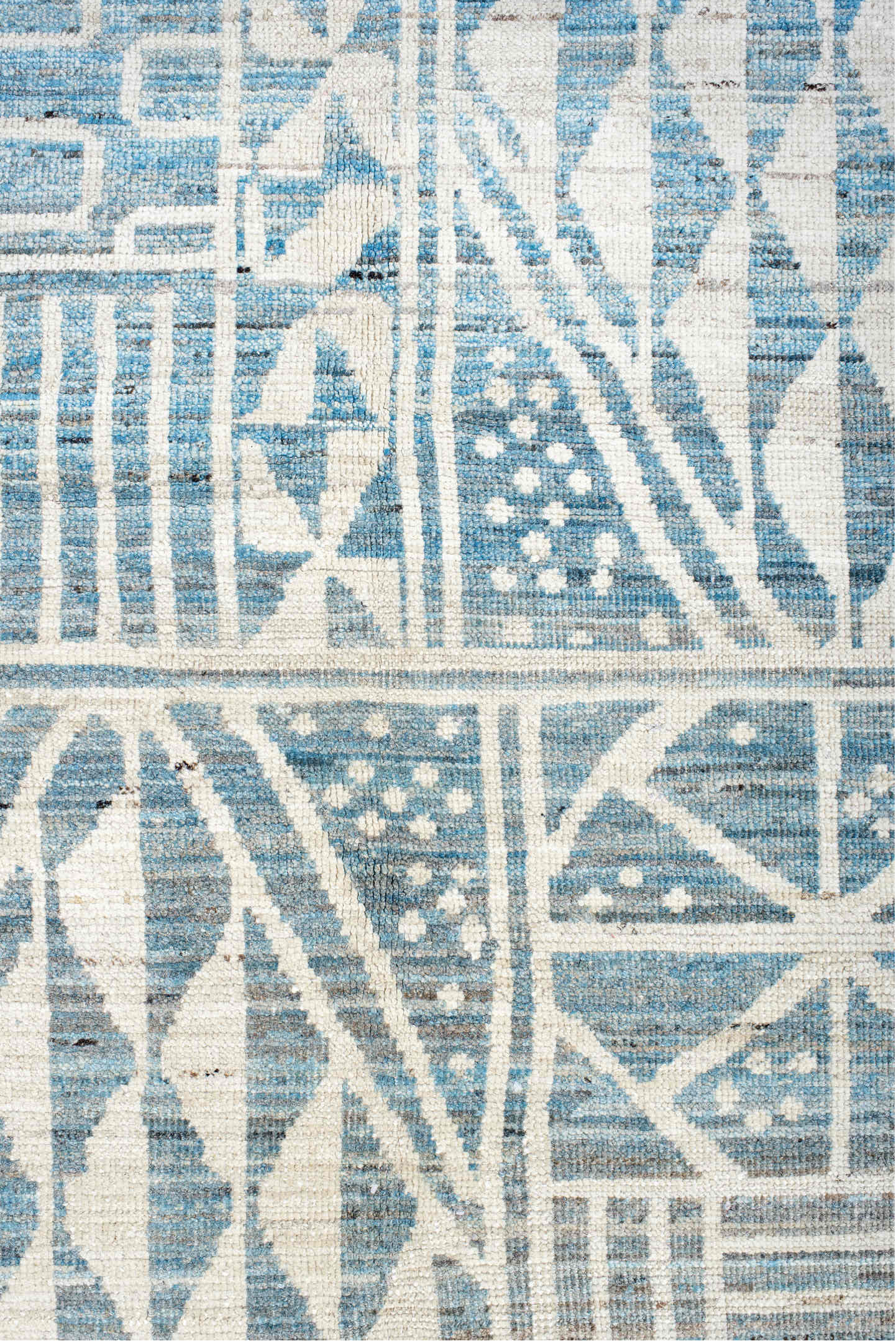 12' x 14' one-of-a-kind handmade vintage Tulu oversize rug. Color palette: ivory, sky blue, powder blue, light blue