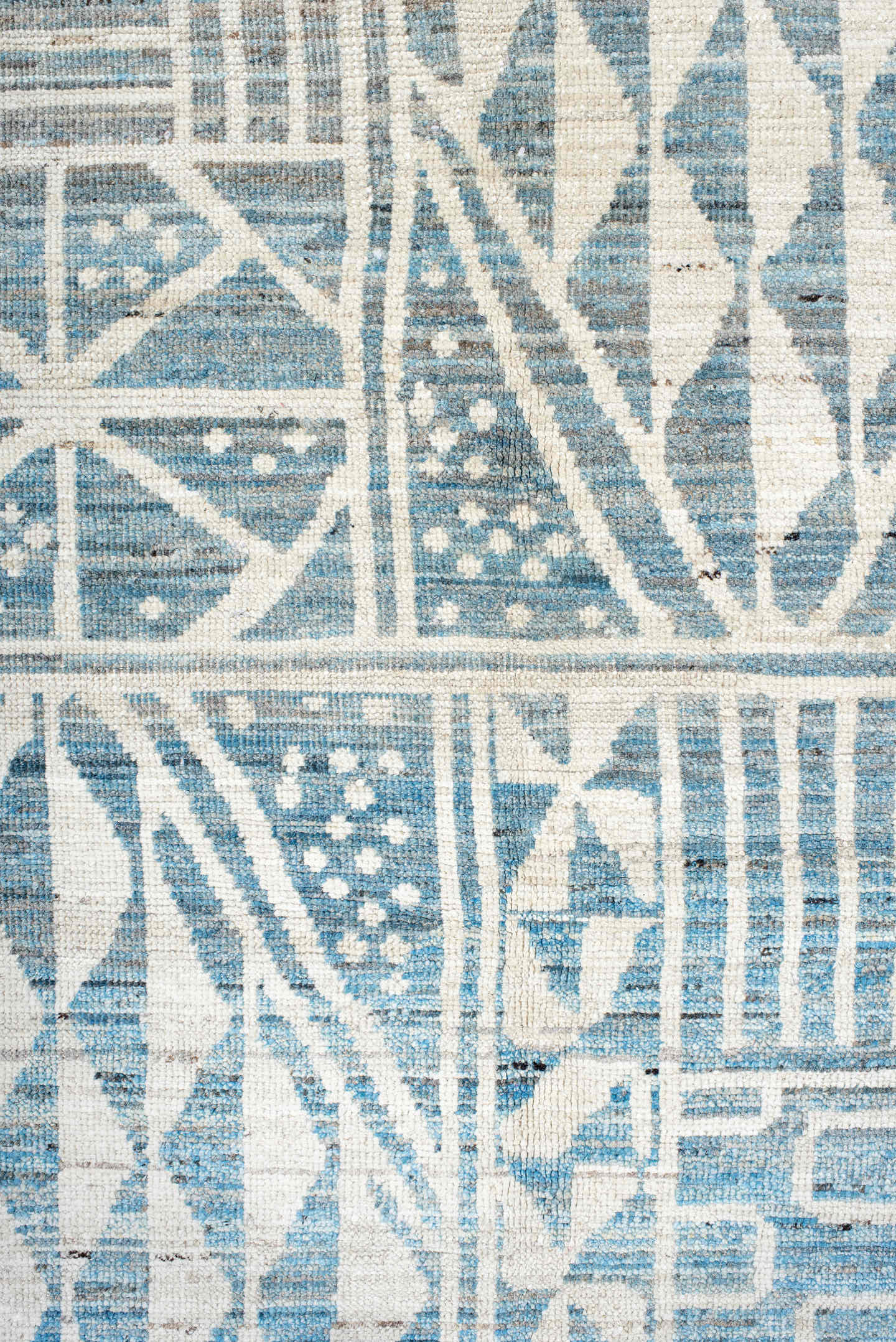 12' x 14' one-of-a-kind handmade vintage Tulu oversize rug. Color palette: ivory, sky blue, powder blue, light blue