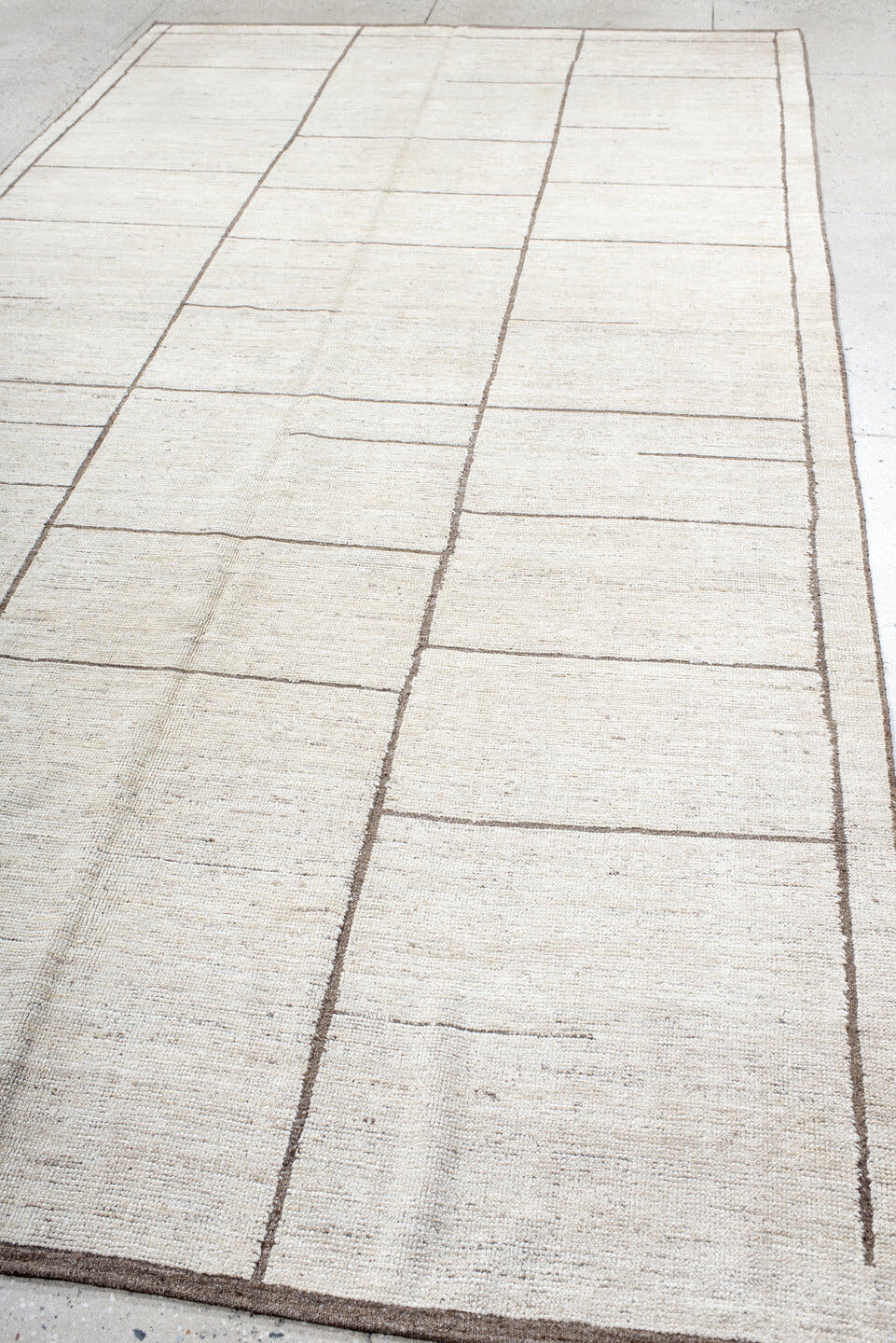 7' x 13' one-of-a-kind handmade vintage Tulu large size rug. Color palette: ivory, taupe, brown, cream, beige, gray