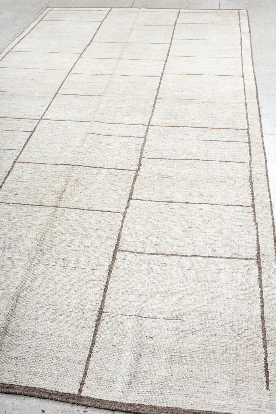 7' x 13' one-of-a-kind handmade vintage Tulu large size rug. Color palette: ivory, taupe, brown, cream, beige, gray
