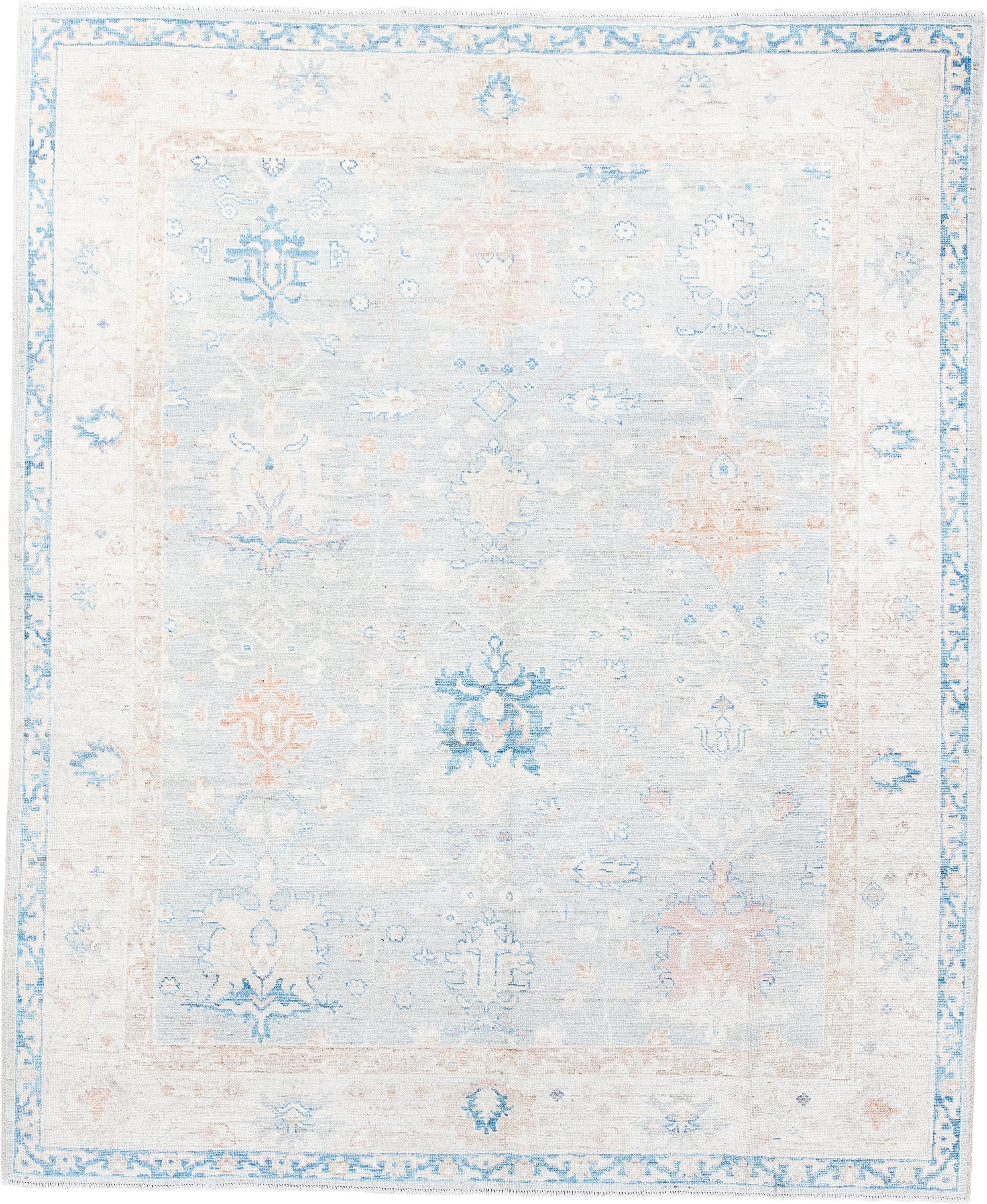 8' x 10' one-of-a-kind handmade vintage Oushak large size rug. Color palette: ivory, pale blue, blush, cream, sky blue