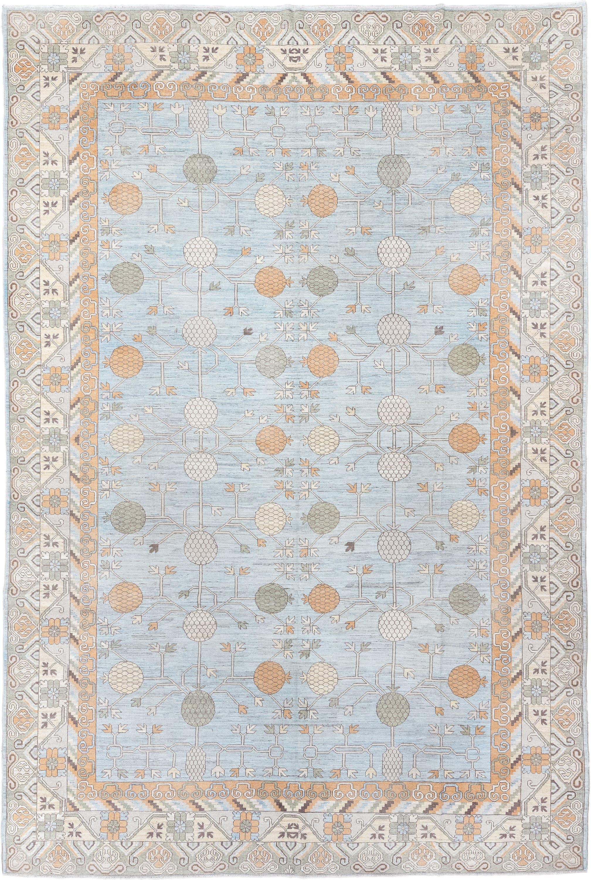13' x 19' one-of-a-kind handmade vintage Khotan oversize rug. Color palette: pale blue, ivory, peach, taupe, sage, camel