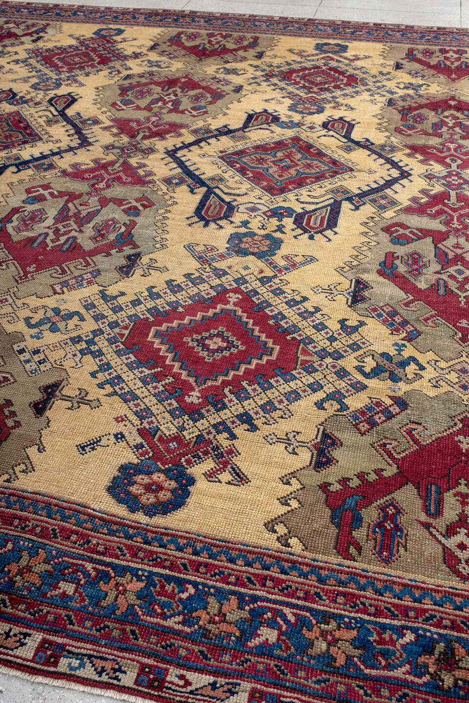 14' x 14' one-of-a-kind handmade vintage Oushak oversize rug. Color palette: ivory, blue, burgundy, taupe, rust, navy, beige