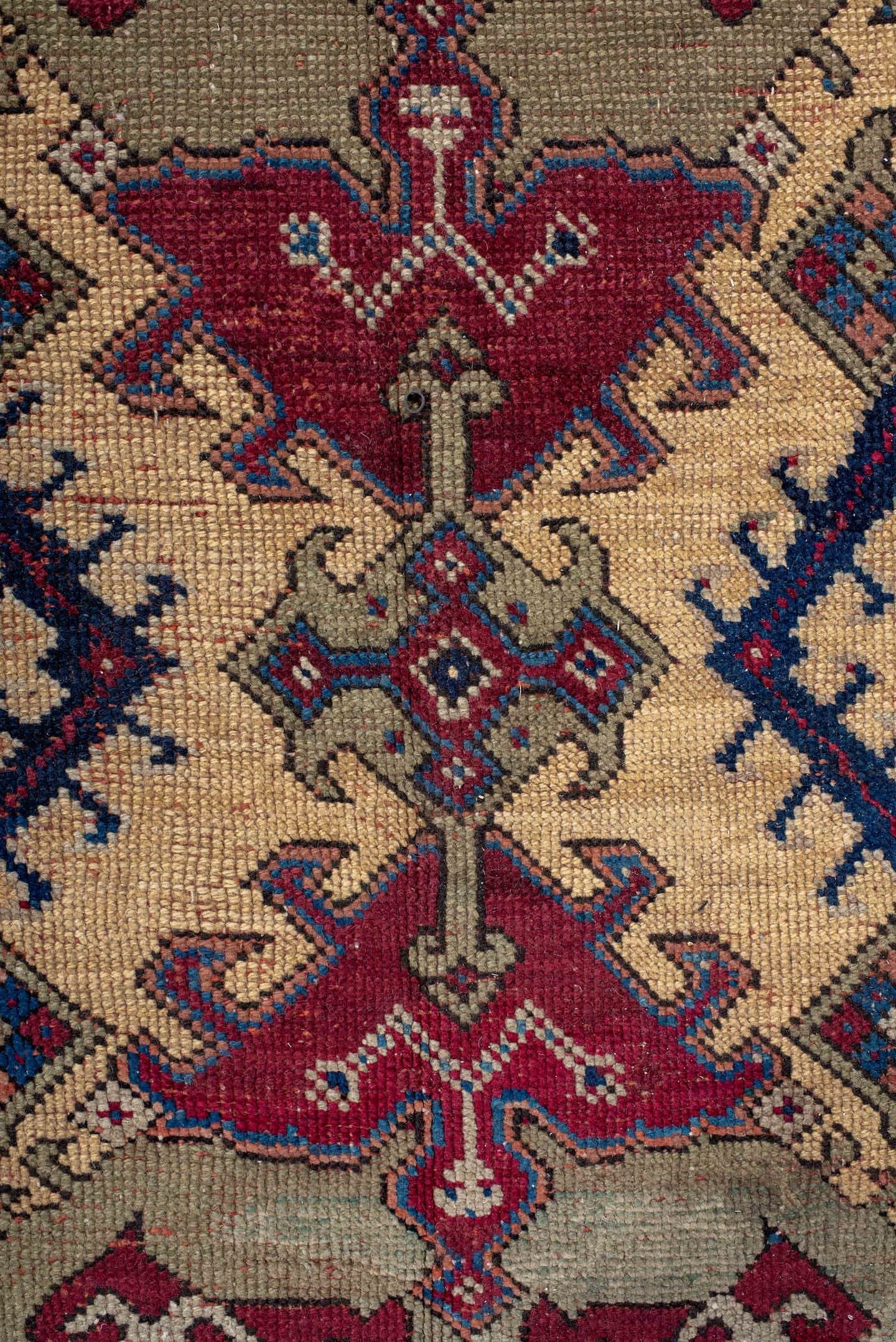 14' x 14' one-of-a-kind handmade vintage Oushak oversize rug. Color palette: ivory, blue, burgundy, taupe, rust, navy, beige