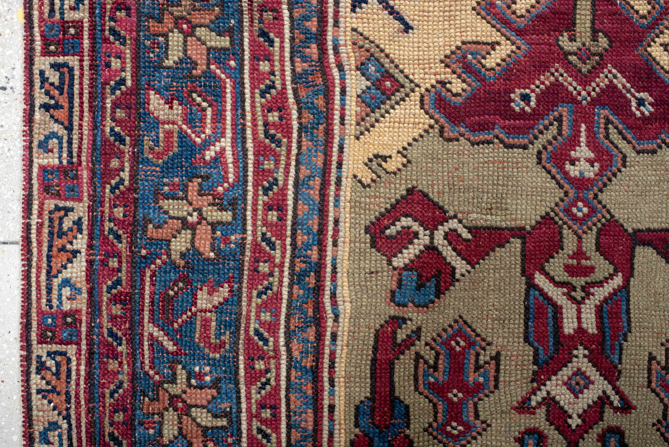 14' x 14' one-of-a-kind handmade vintage Oushak oversize rug. Color palette: ivory, blue, burgundy, taupe, rust, navy, beige