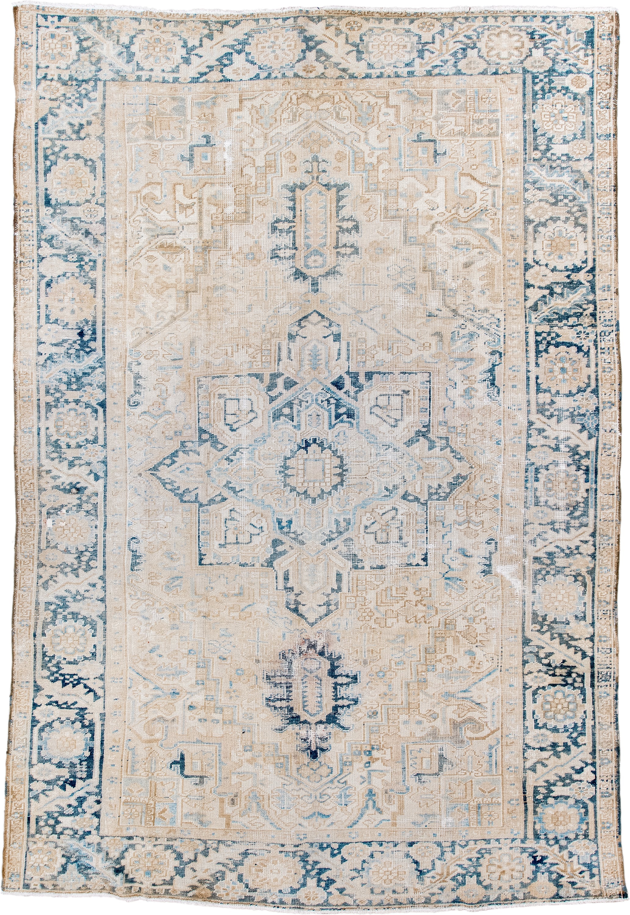 7' x 10' one-of-a-kind handmade vintage Heriz large size rug. Color palette: ivory, powder blue, beige, slate, cream, taupe