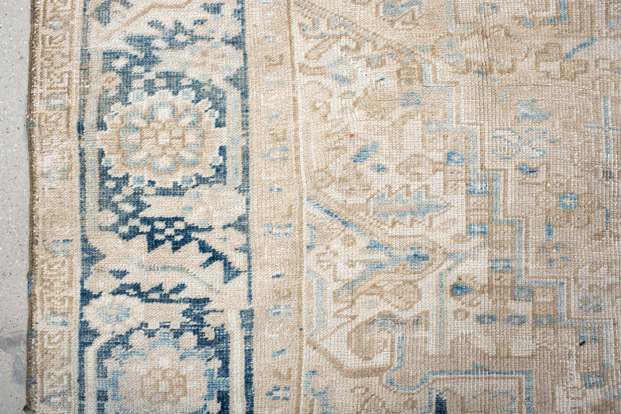 7' x 10' one-of-a-kind handmade vintage Heriz large size rug. Color palette: ivory, powder blue, beige, slate, cream, taupe