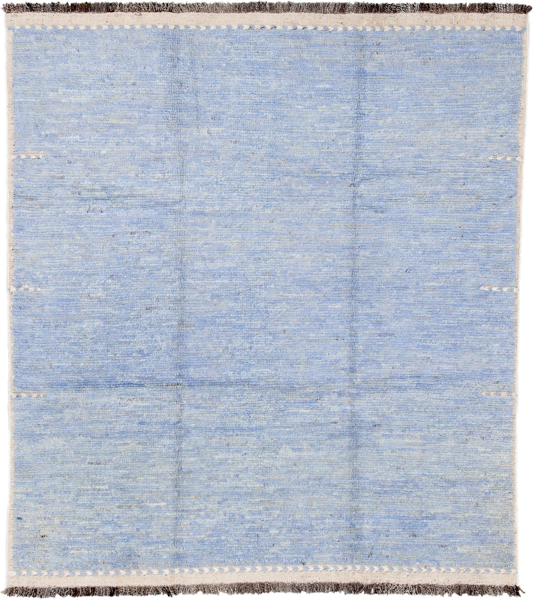 8' x 9' one-of-a-kind handmade vintage Tulu rug. Color palette: pale blue, ivory, charcoal, sky blue, light blue, gray