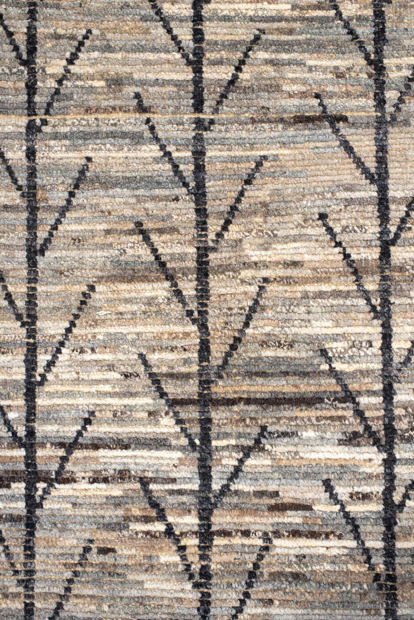 6' x 9' one-of-a-kind handmade vintage Tulu medium size rug. Color palette: ivory, gray, charcoal, taupe, brown, black