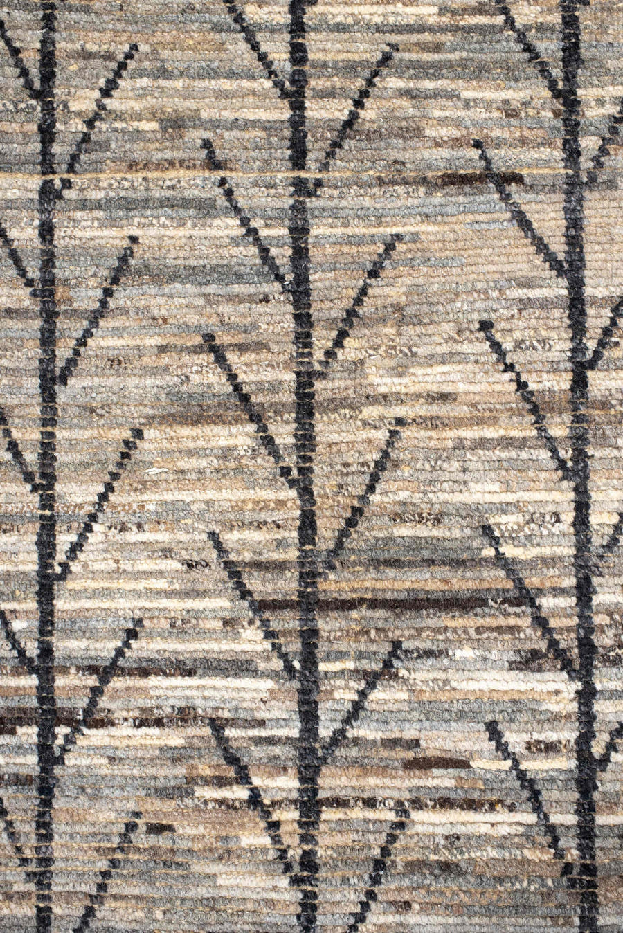 6' x 9' one-of-a-kind handmade vintage Tulu medium size rug. Color palette: ivory, gray, charcoal, taupe, brown, black