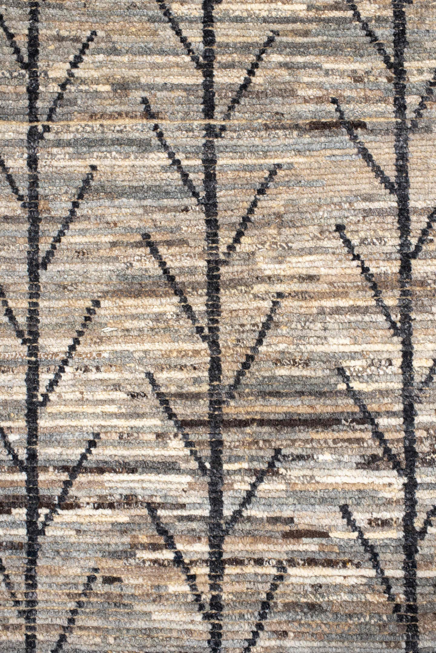 6' x 9' one-of-a-kind handmade vintage Tulu medium size rug. Color palette: ivory, gray, charcoal, taupe, brown, black