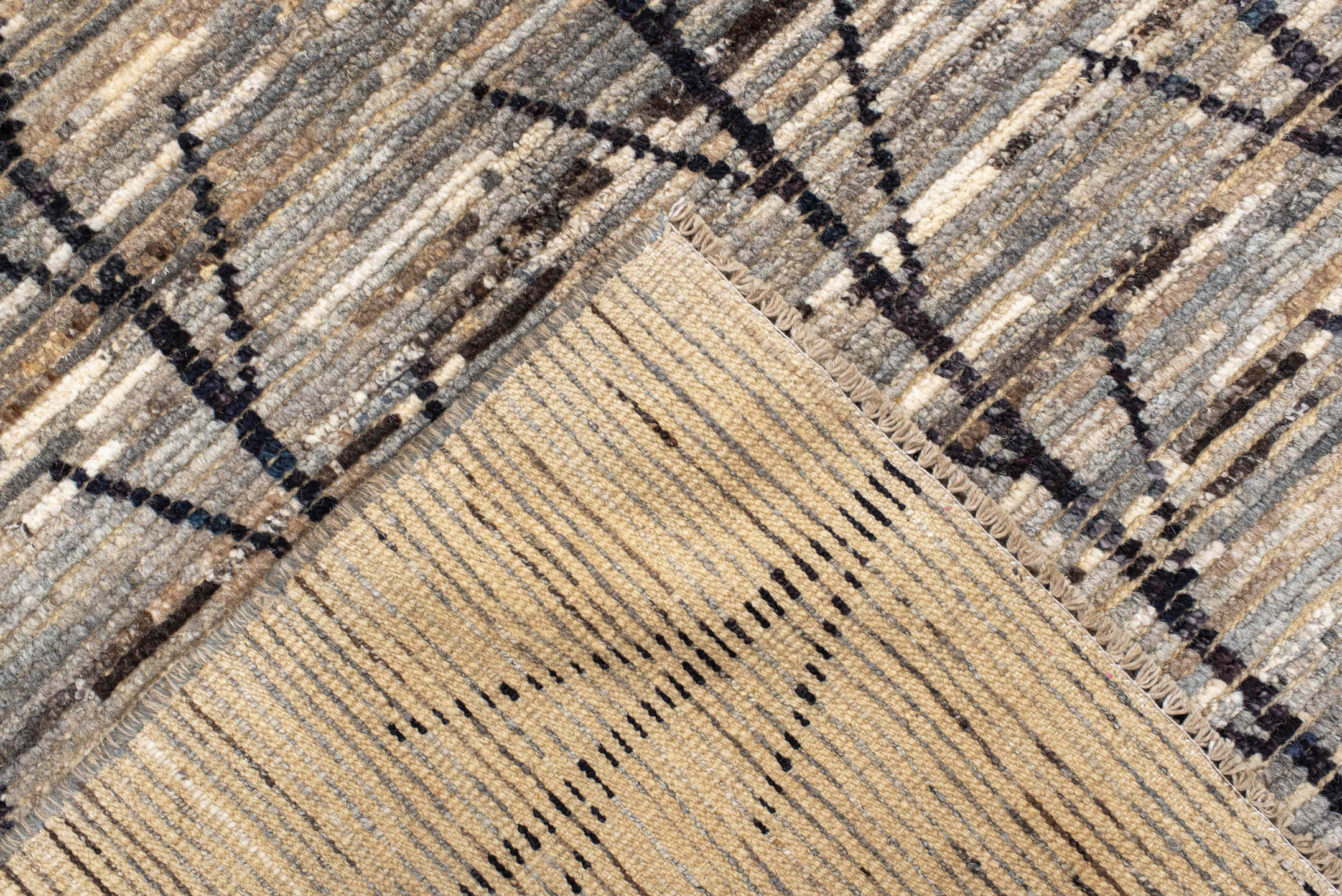 6' x 9' one-of-a-kind handmade vintage Tulu medium size rug. Color palette: ivory, gray, charcoal, taupe, brown, black
