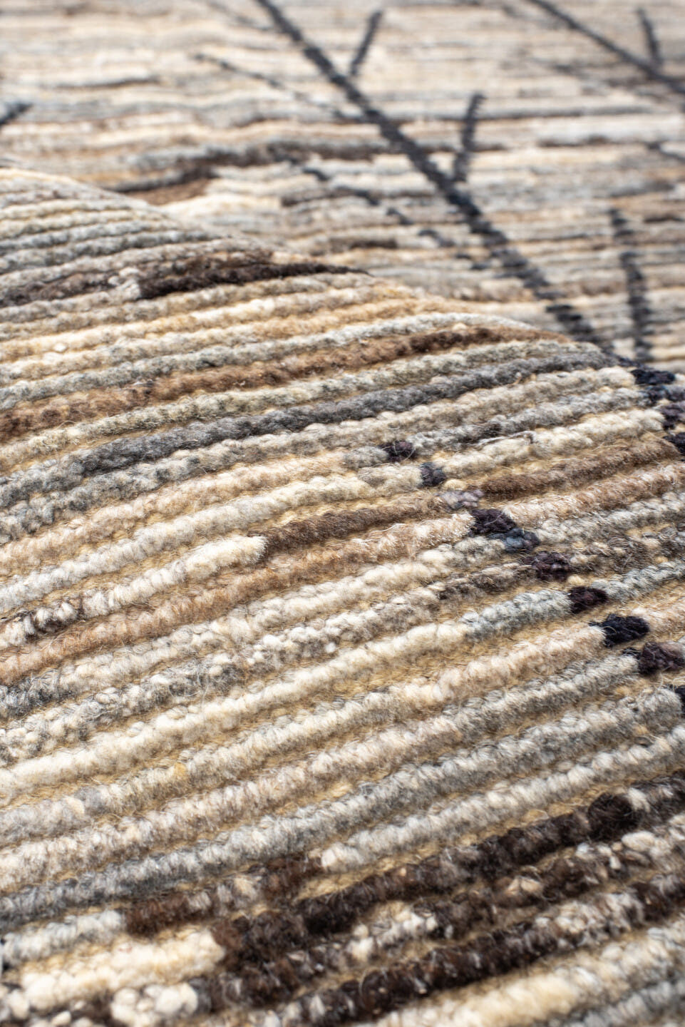 6' x 9' one-of-a-kind handmade vintage Tulu medium size rug. Color palette: ivory, gray, charcoal, taupe, brown, black