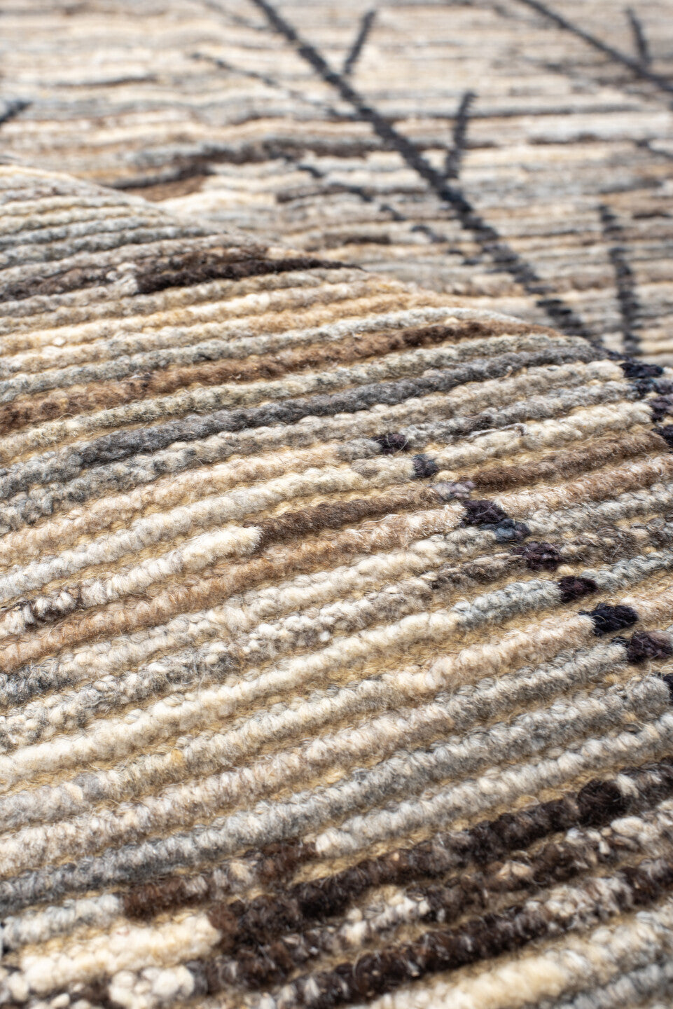 6' x 9' one-of-a-kind handmade vintage Tulu medium size rug. Color palette: ivory, gray, charcoal, taupe, brown, black