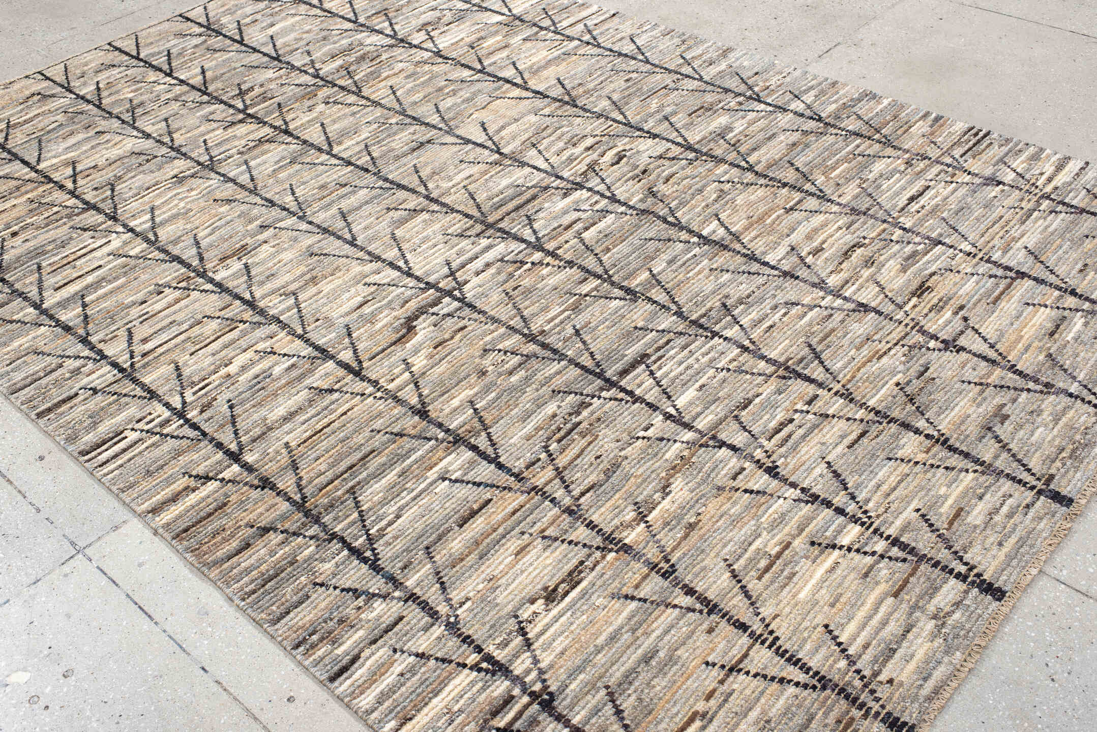 6' x 9' one-of-a-kind handmade vintage Tulu medium size rug. Color palette: antiquewhite, black, brown, gray, light gray