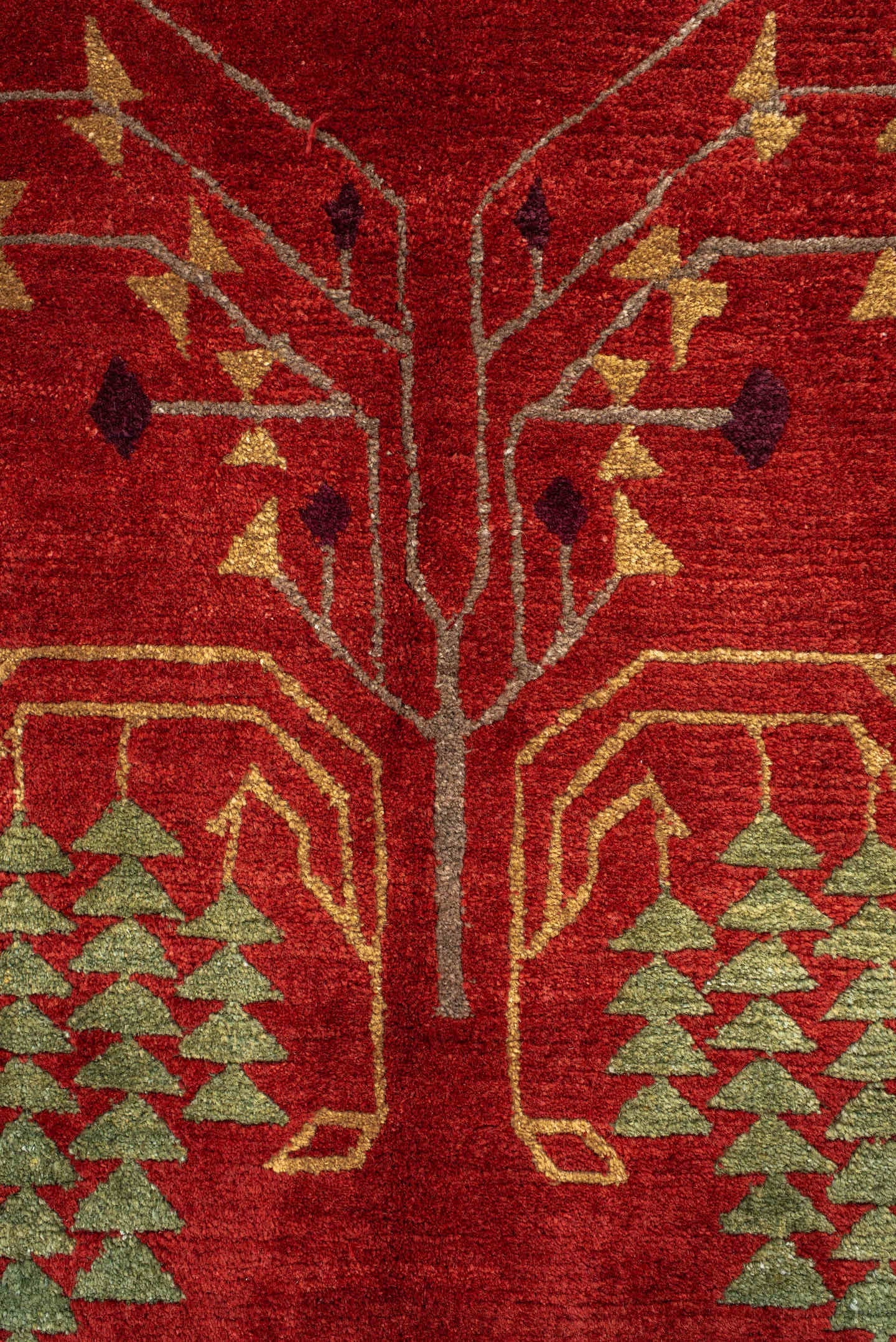 9' x 13' one-of-a-kind handmade vintage Donegal large size rug. Color palette: rust, navy, ivory, sage, peach, burgundy