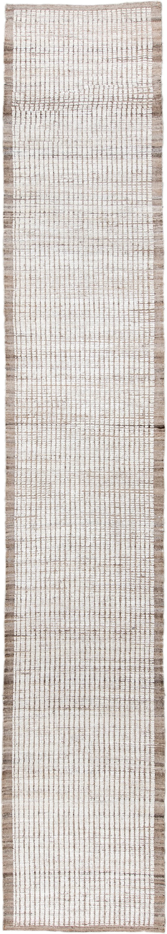 3' x 17' one-of-a-kind handmade vintage Tulu runner rug. Color palette: ivory, taupe, beige, brown, gray