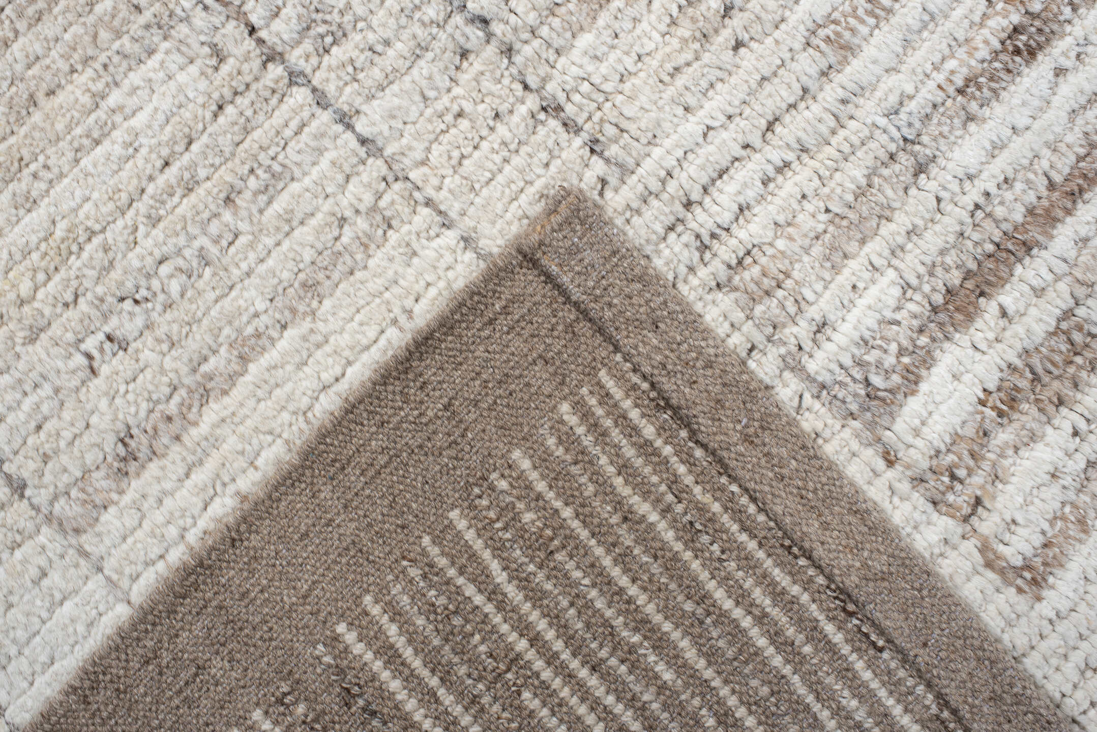 8' x 10' one-of-a-kind handmade vintage Tulu large size rug. Color palette: ivory, taupe, beige, stone, camel, gray