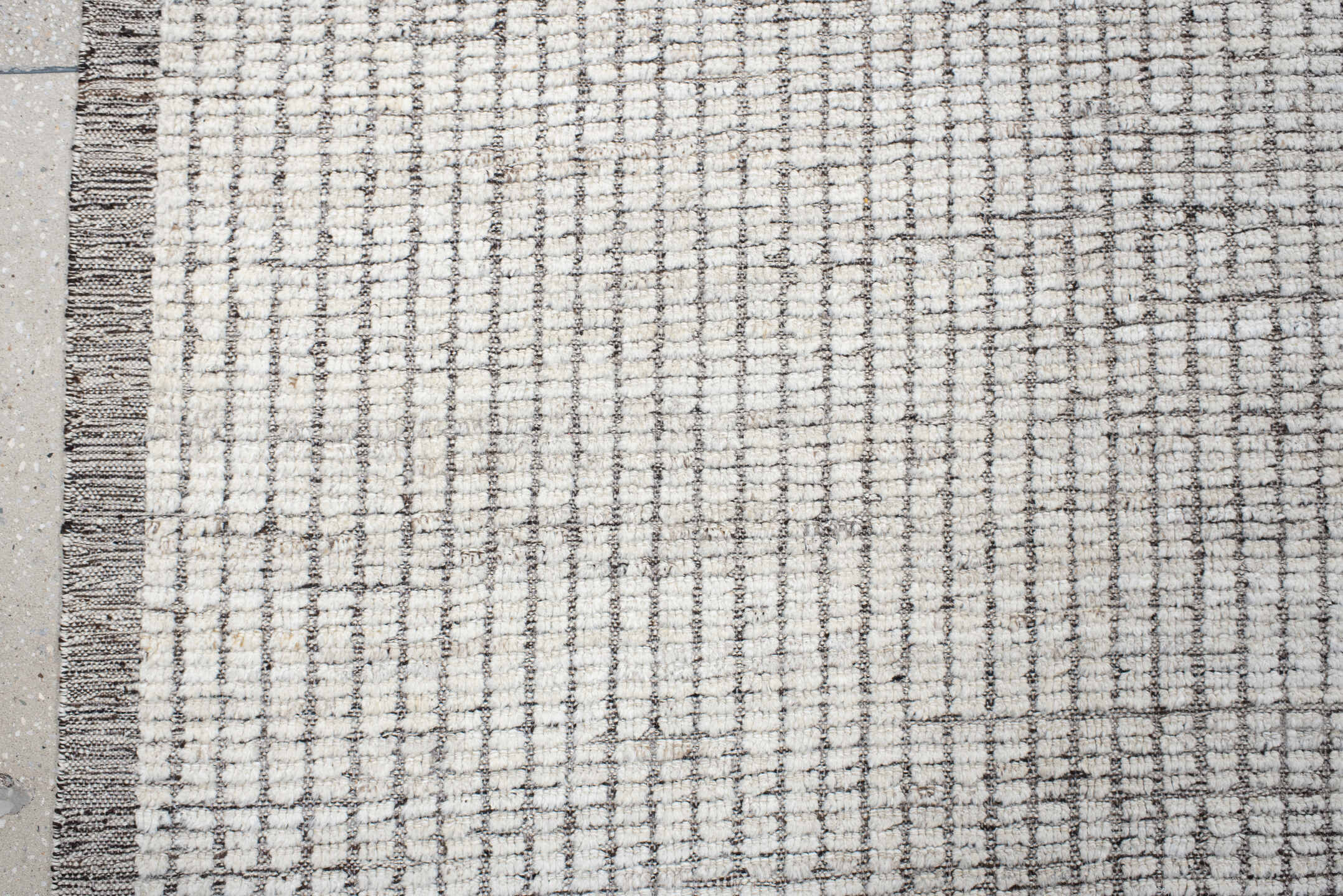 10' x 14' one-of-a-kind handmade vintage Tulu large size rug. Color palette: ivory, charcoal, taupe, cream, gray, black