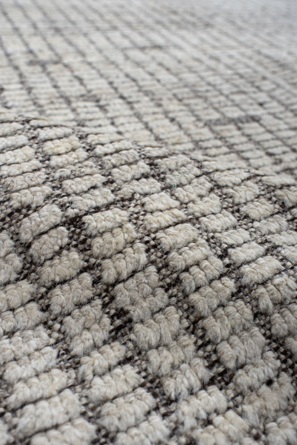 10' x 14' one-of-a-kind handmade vintage Tulu large size rug. Color palette: ivory, charcoal, taupe, cream, gray, black