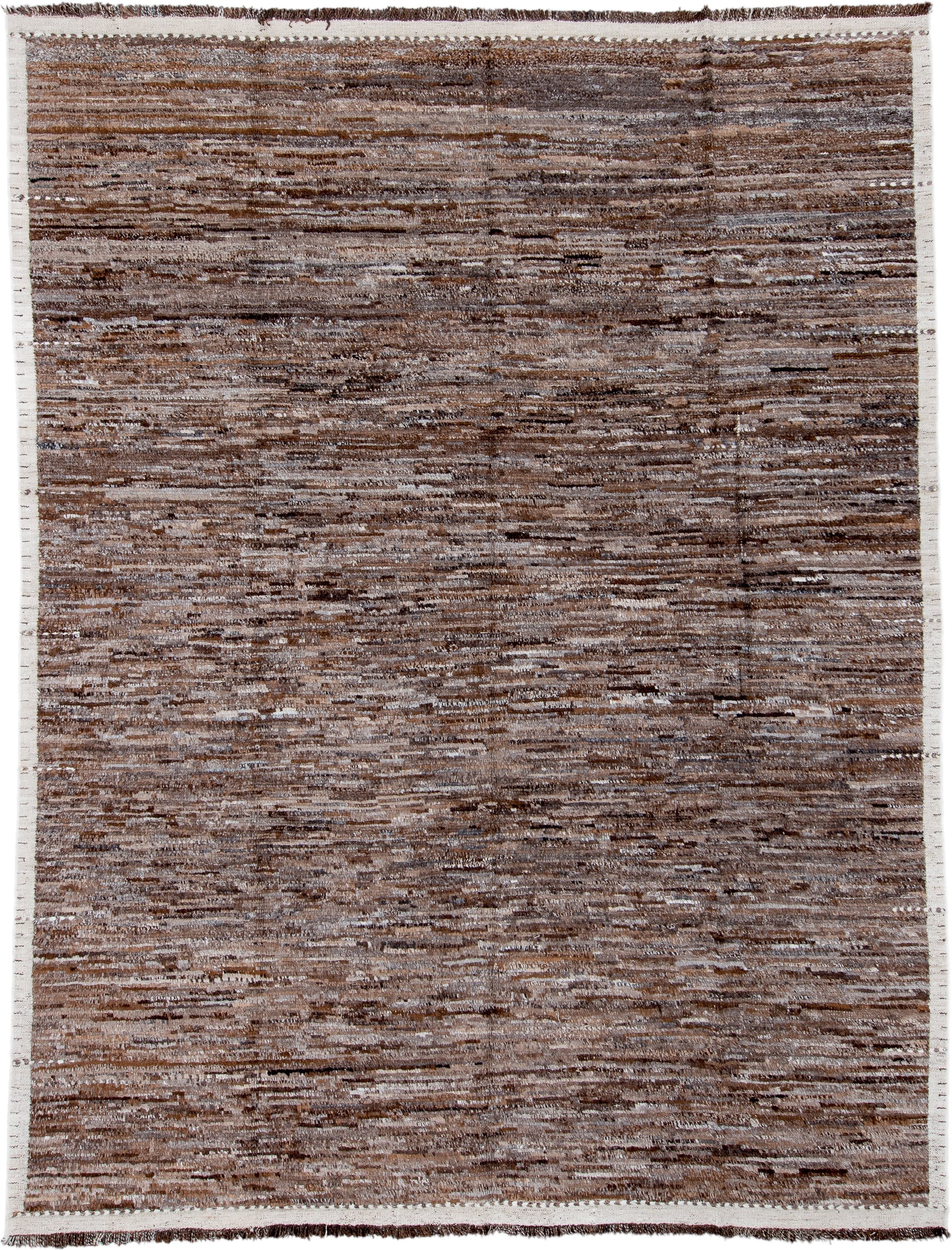 10' x 13' one-of-a-kind handmade vintage Tulu large size rug. Color palette: brown, taupe, ivory, charcoal, camel, beige