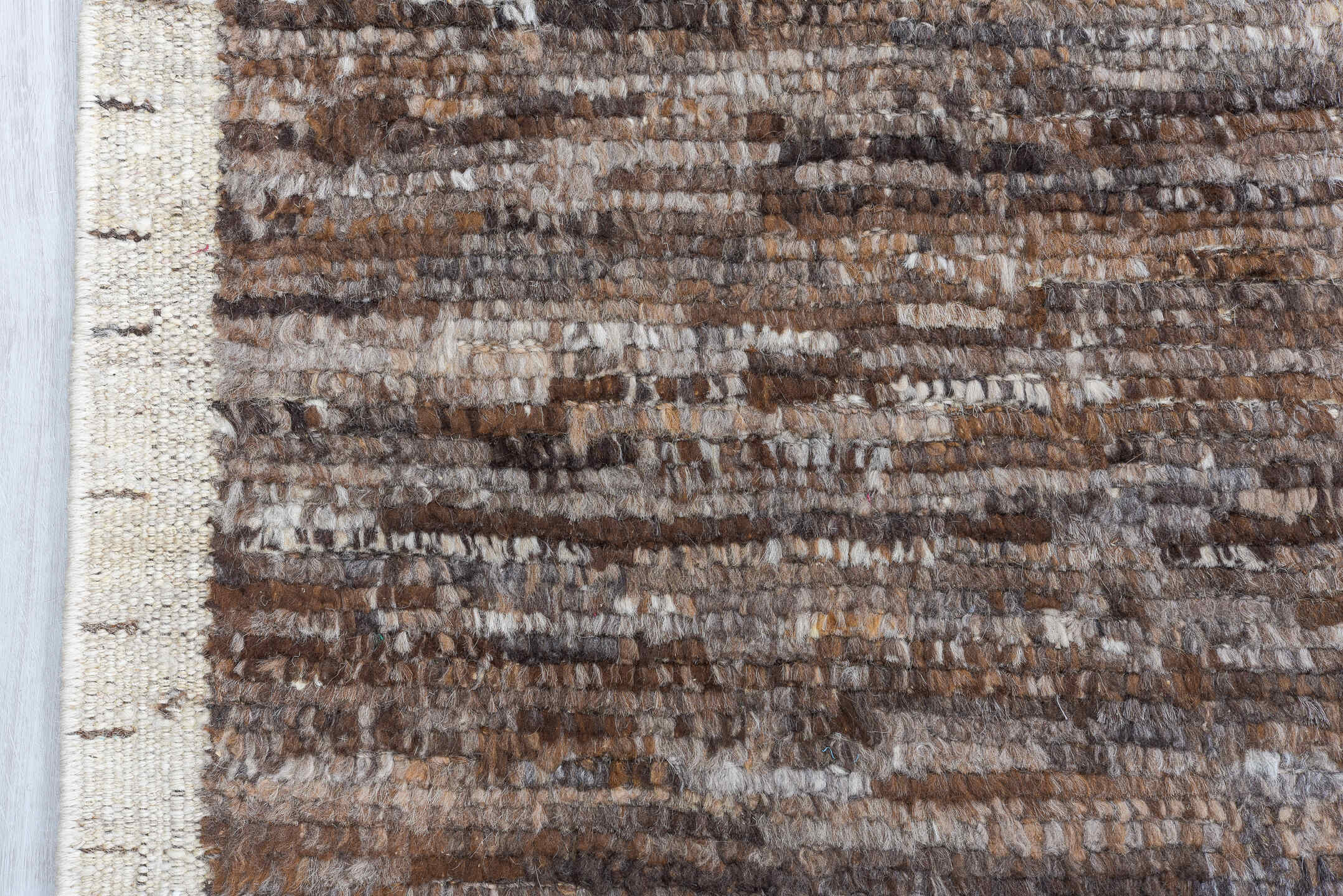 10' x 13' one-of-a-kind handmade vintage Tulu large size rug. Color palette: brown, taupe, ivory, charcoal, camel, beige