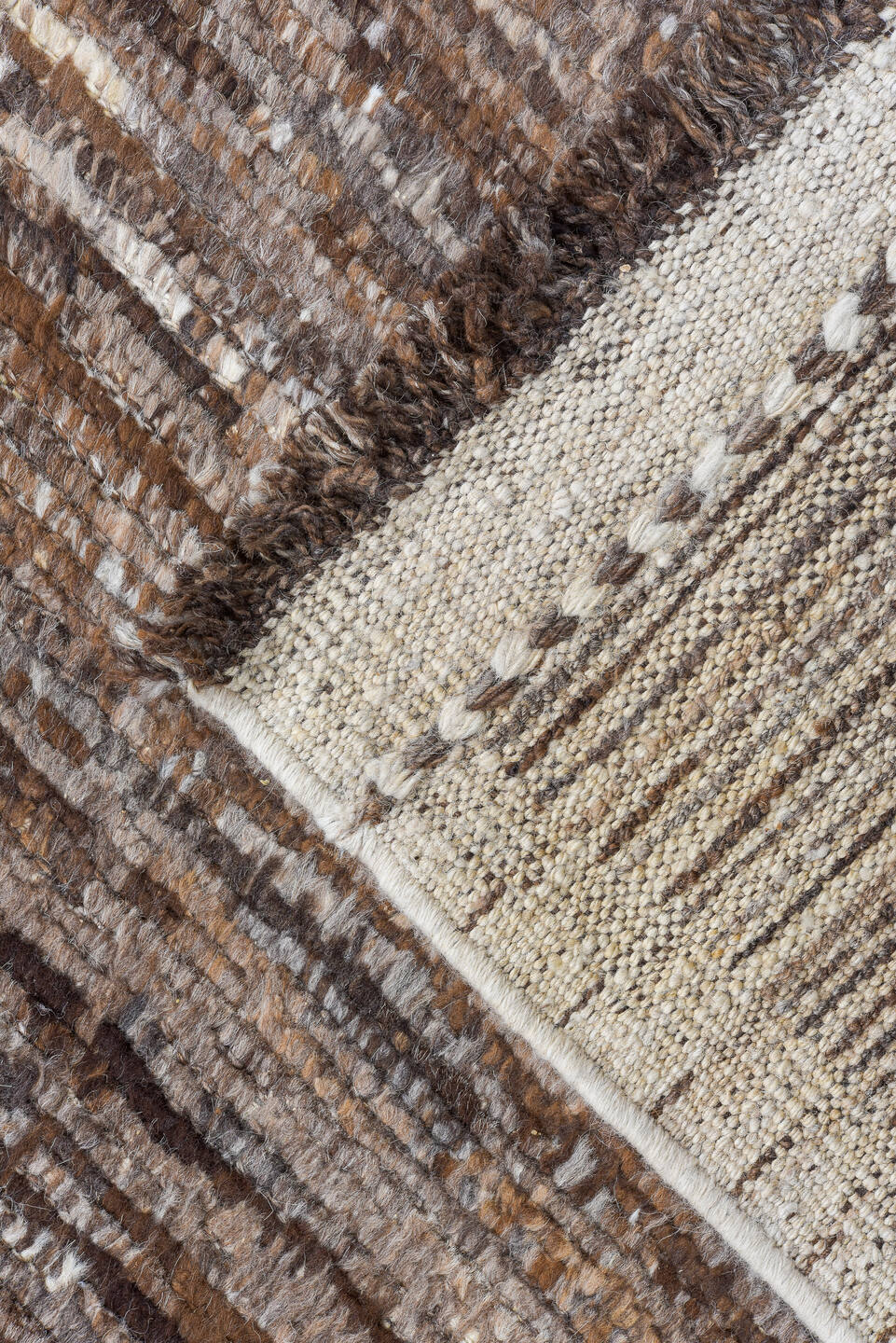 10' x 13' one-of-a-kind handmade vintage Tulu large size rug. Color palette: brown, taupe, ivory, charcoal, camel, beige