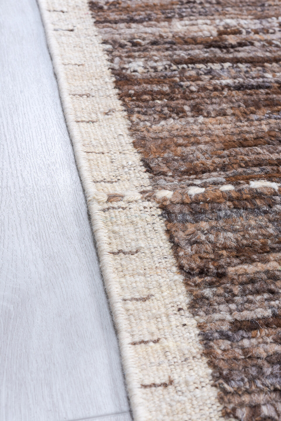 10' x 13' one-of-a-kind handmade vintage Tulu large size rug. Color palette: brown, taupe, ivory, charcoal, camel, beige