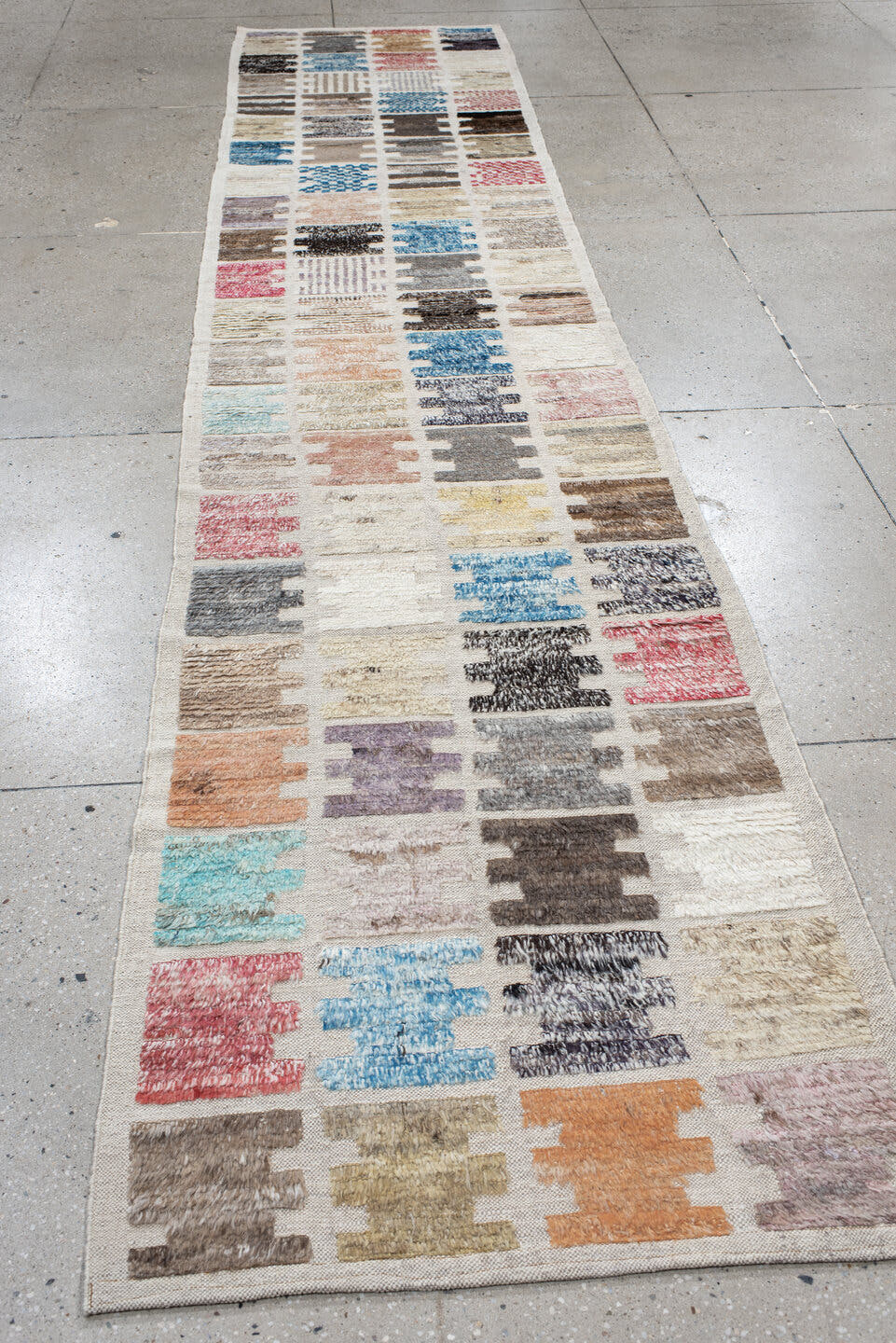 3' x 14' one-of-a-kind handmade vintage Tulu runner rug. Color palette: ivory, taupe, charcoal, sky_blue, rose, brown, peach