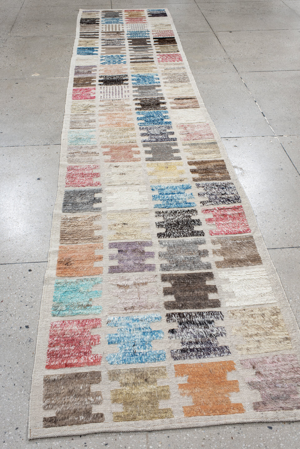 3' x 14' one-of-a-kind handmade vintage Tulu runner rug. Color palette: ivory, taupe, charcoal, sky_blue, rose, brown, peach