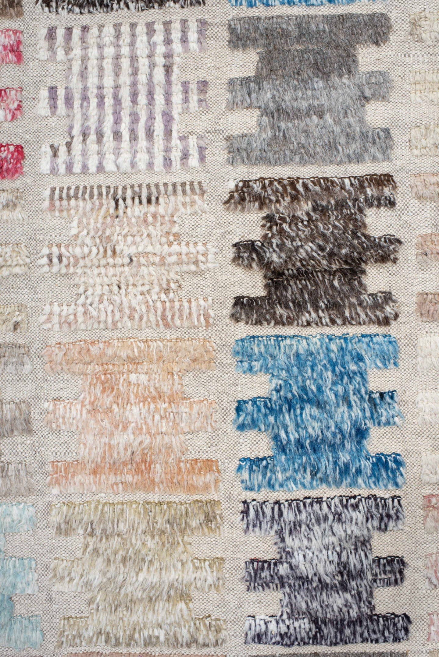 3' x 14' one-of-a-kind handmade vintage Tulu runner rug. Color palette: ivory, taupe, charcoal, sky_blue, rose, brown, peach