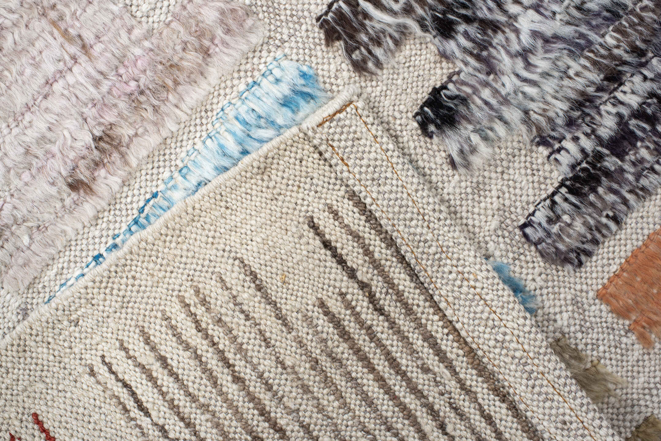 3' x 14' one-of-a-kind handmade vintage Tulu runner rug. Color palette: ivory, taupe, charcoal, sky_blue, rose, brown, peach