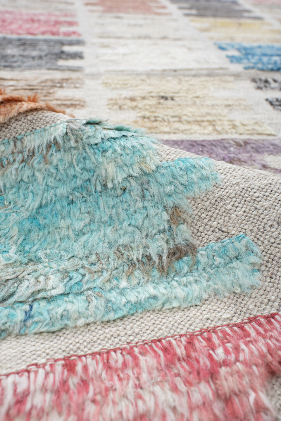 3' x 14' one-of-a-kind handmade vintage Tulu runner rug. Color palette: ivory, taupe, charcoal, sky_blue, rose, brown, peach