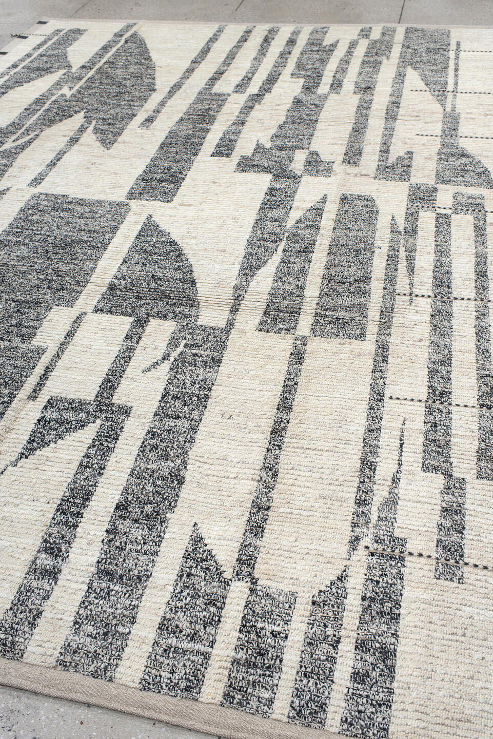 8' x 11' one-of-a-kind handmade vintage Tulu large size rug. Color palette: ivory, charcoal, taupe, black, gray, beige