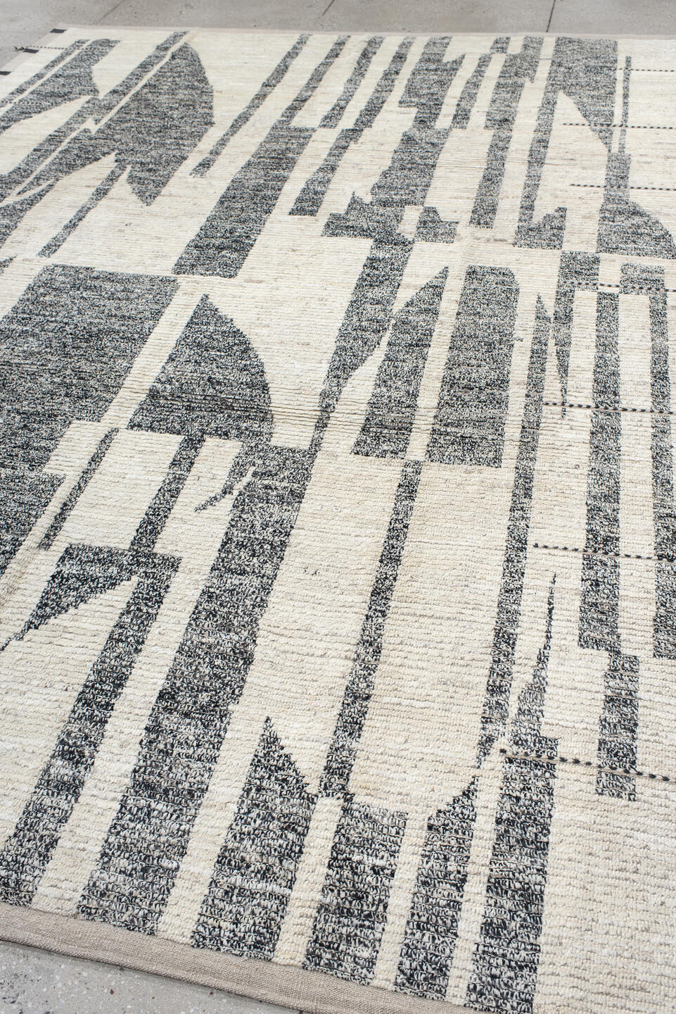 8' x 11' one-of-a-kind handmade vintage Tulu large size rug. Color palette: ivory, charcoal, taupe, black, gray, beige