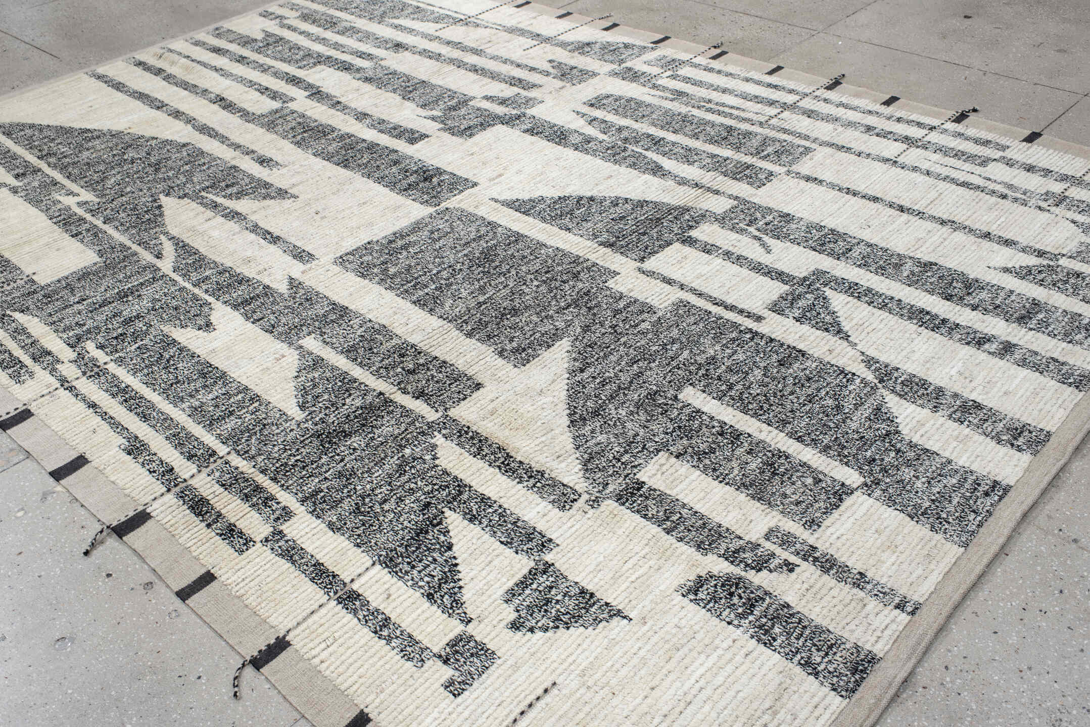 8' x 11' one-of-a-kind handmade vintage Tulu large size rug. Color palette: ivory, charcoal, taupe, black, gray, beige
