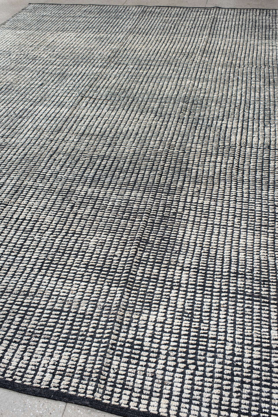 9' x 13' one-of-a-kind handmade vintage Tulu large size rug. Color palette: black, blue, charcoal, dark gray, dim gray