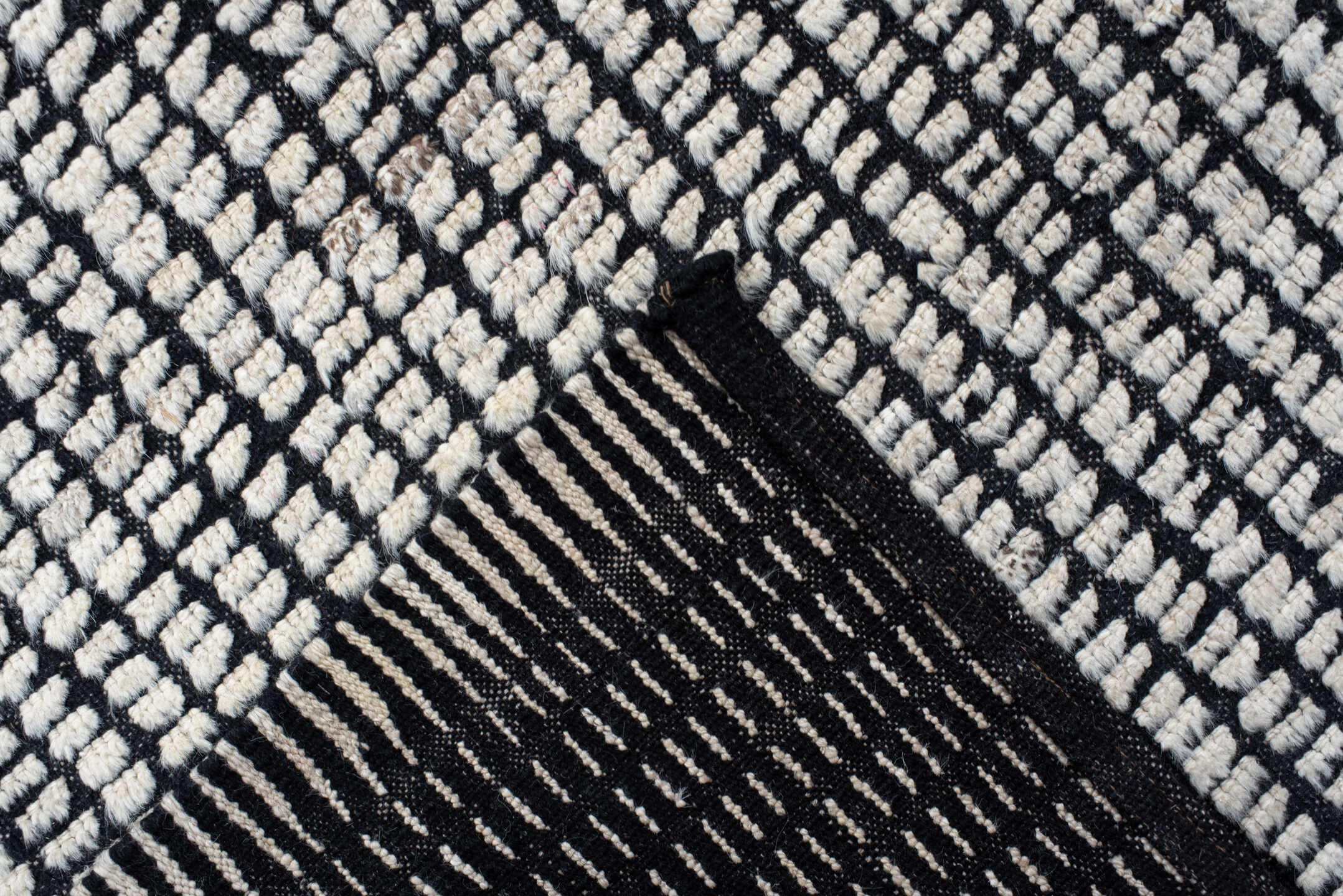 9' x 13' one-of-a-kind handmade vintage Tulu large size rug. Color palette: ivory, charcoal, gray, black