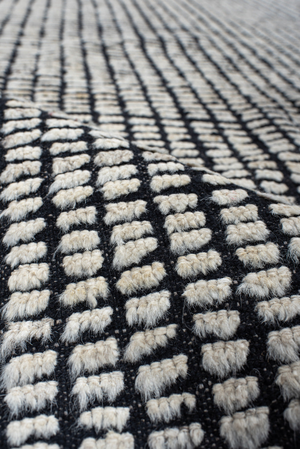 9' x 13' one-of-a-kind handmade vintage Tulu large size rug. Color palette: ivory, charcoal, gray, black