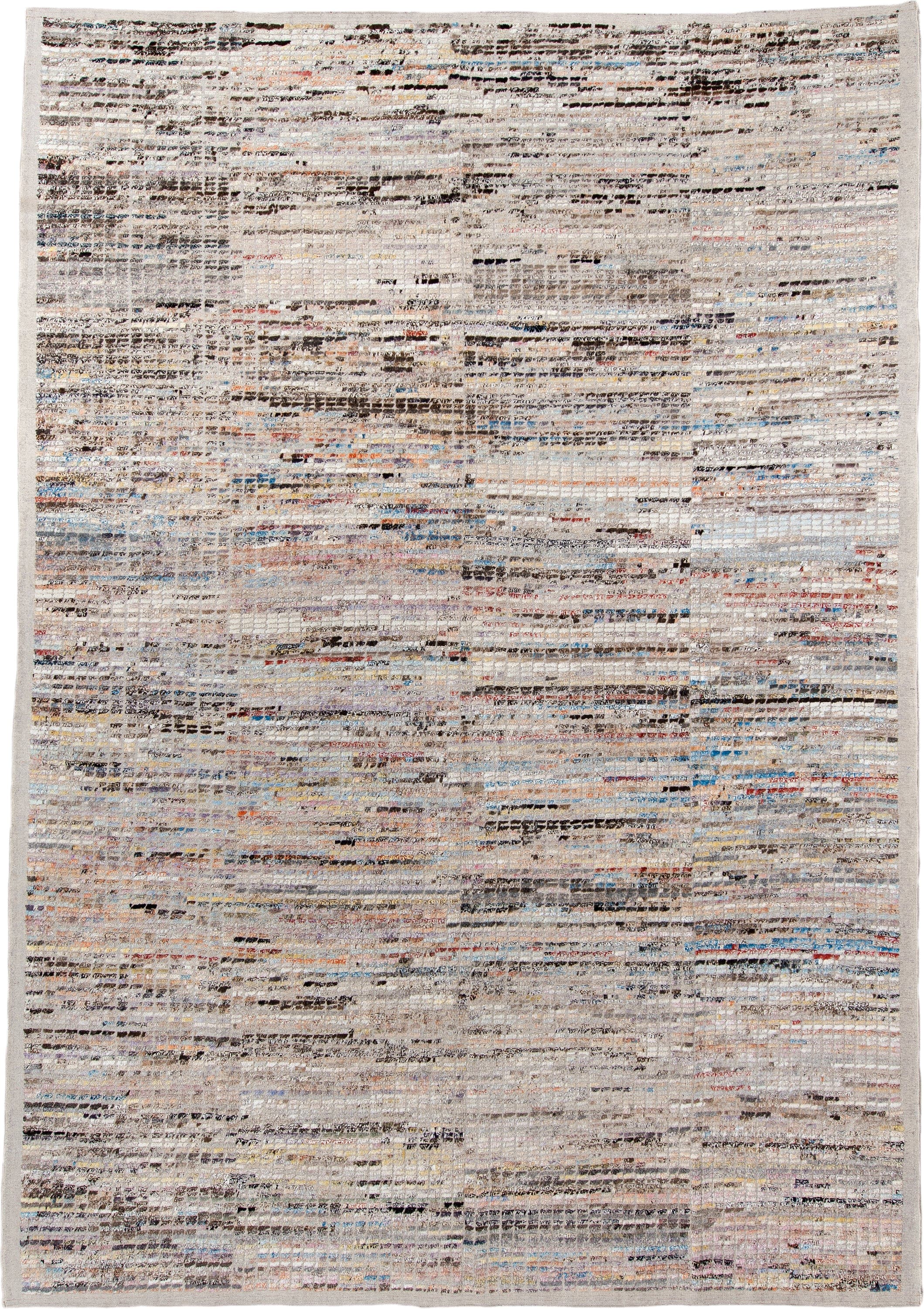 10' x 14' one-of-a-kind handmade vintage Tulu large size rug. Color palette: ivory, taupe, charcoal, sky blue, rust, cream