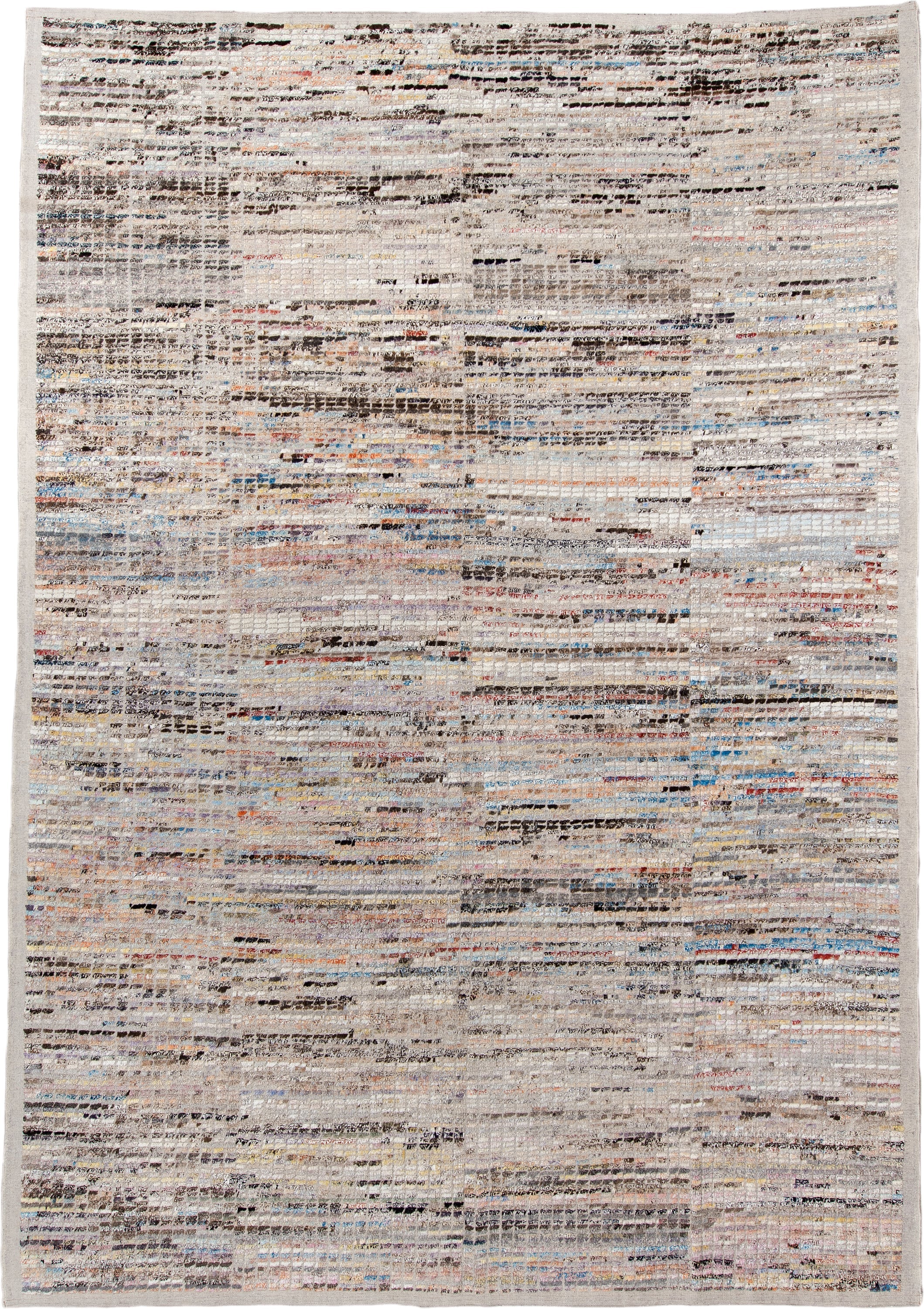10' x 14' one-of-a-kind handmade vintage Tulu large size rug. Color palette: ivory, taupe, charcoal, sky blue, rust, cream