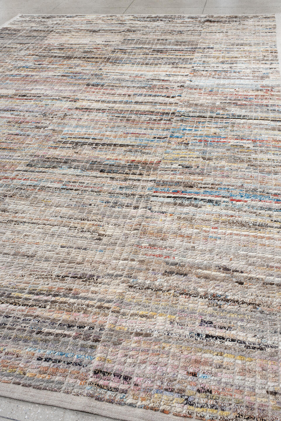 10' x 14' one-of-a-kind handmade vintage Tulu large size rug. Color palette: ivory, taupe, charcoal, sky blue, rust, cream
