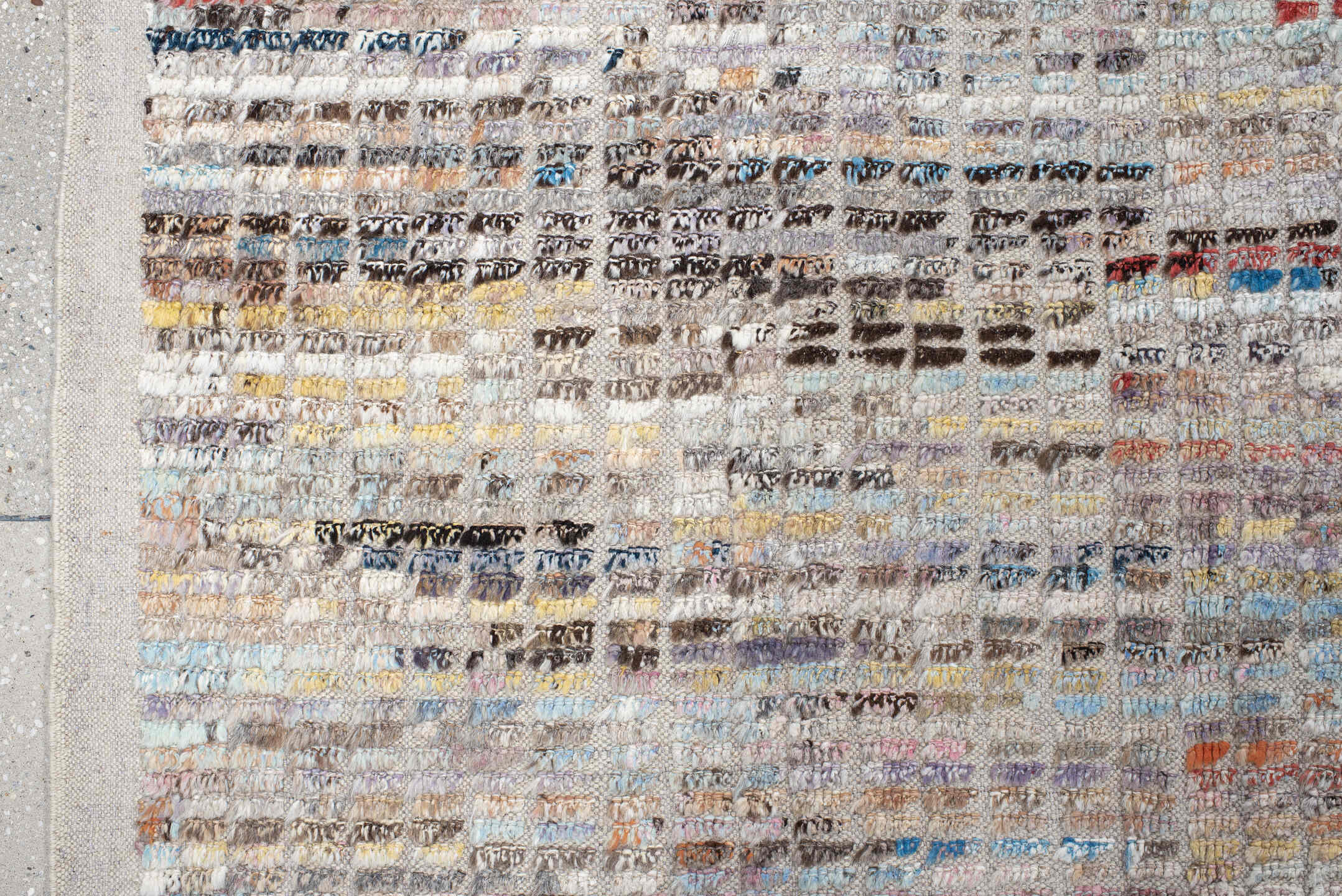 10' x 14' one-of-a-kind handmade vintage Tulu large size rug. Color palette: ivory, taupe, charcoal, sky blue, rust, cream