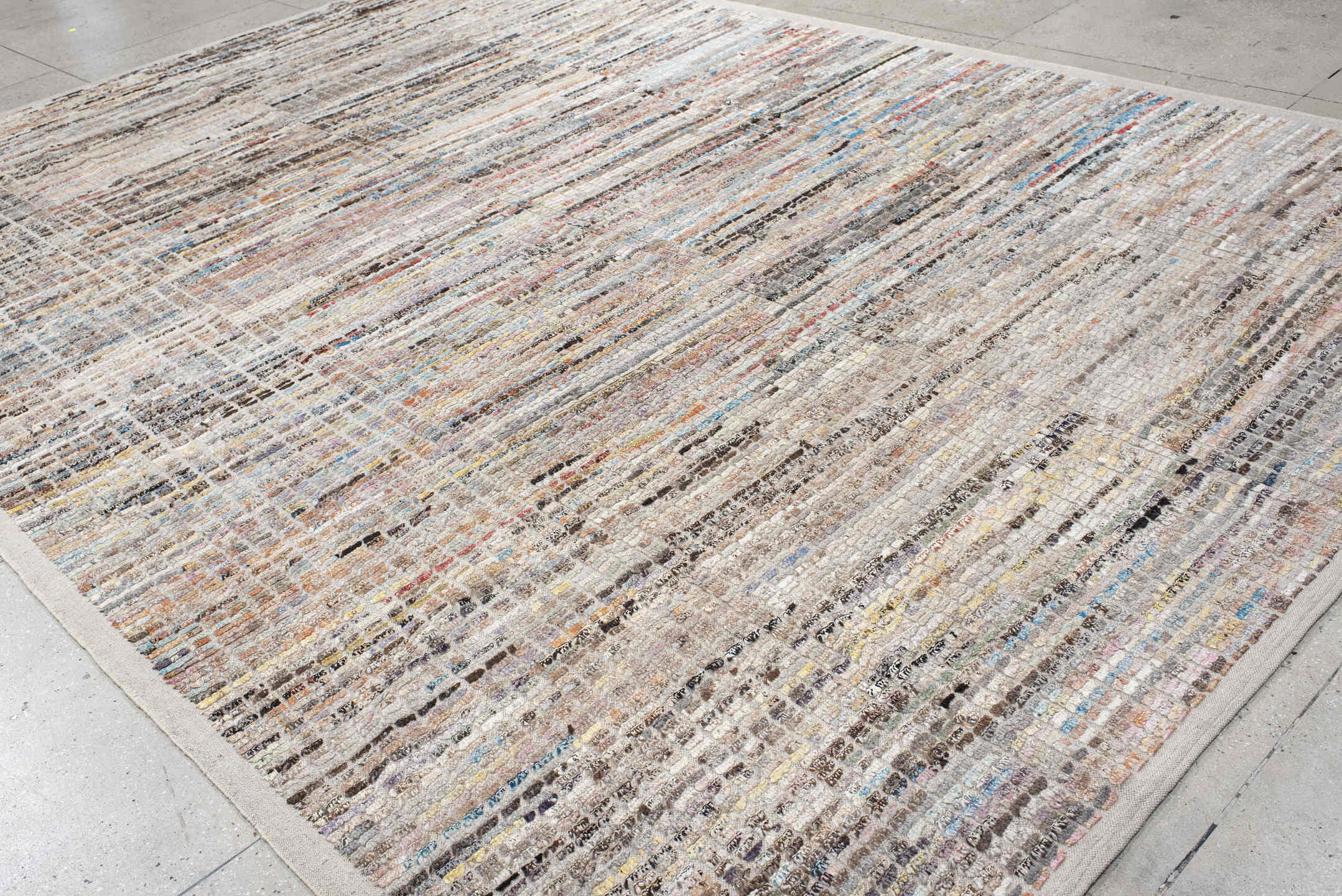 10' x 14' one-of-a-kind handmade vintage Tulu large size rug. Color palette: ivory, taupe, charcoal, sky blue, rust, cream