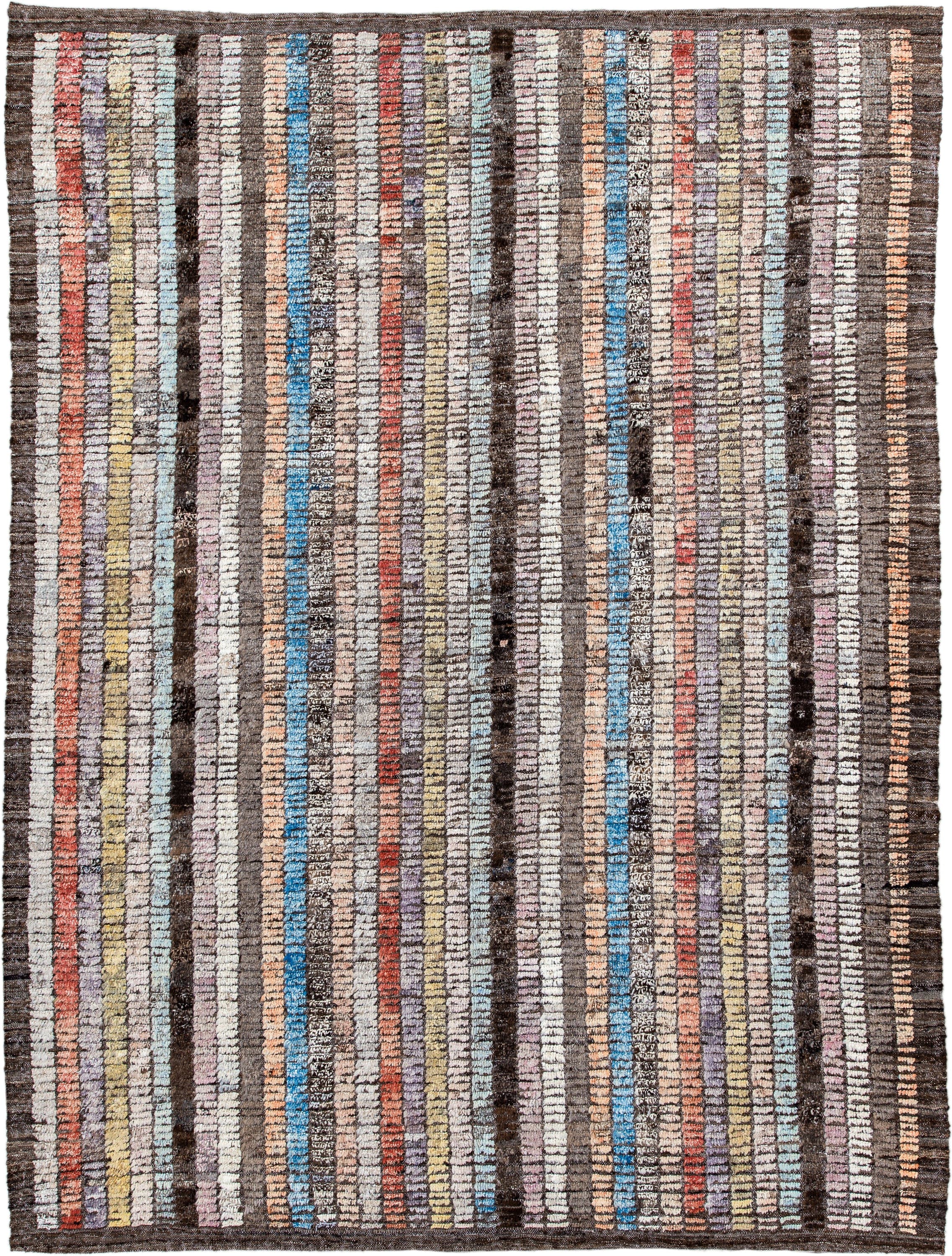 6' x 9' one-of-a-kind handmade vintage Tulu medium size rug. Color palette: brown, ivory, sky blue, coral, lavender, gold