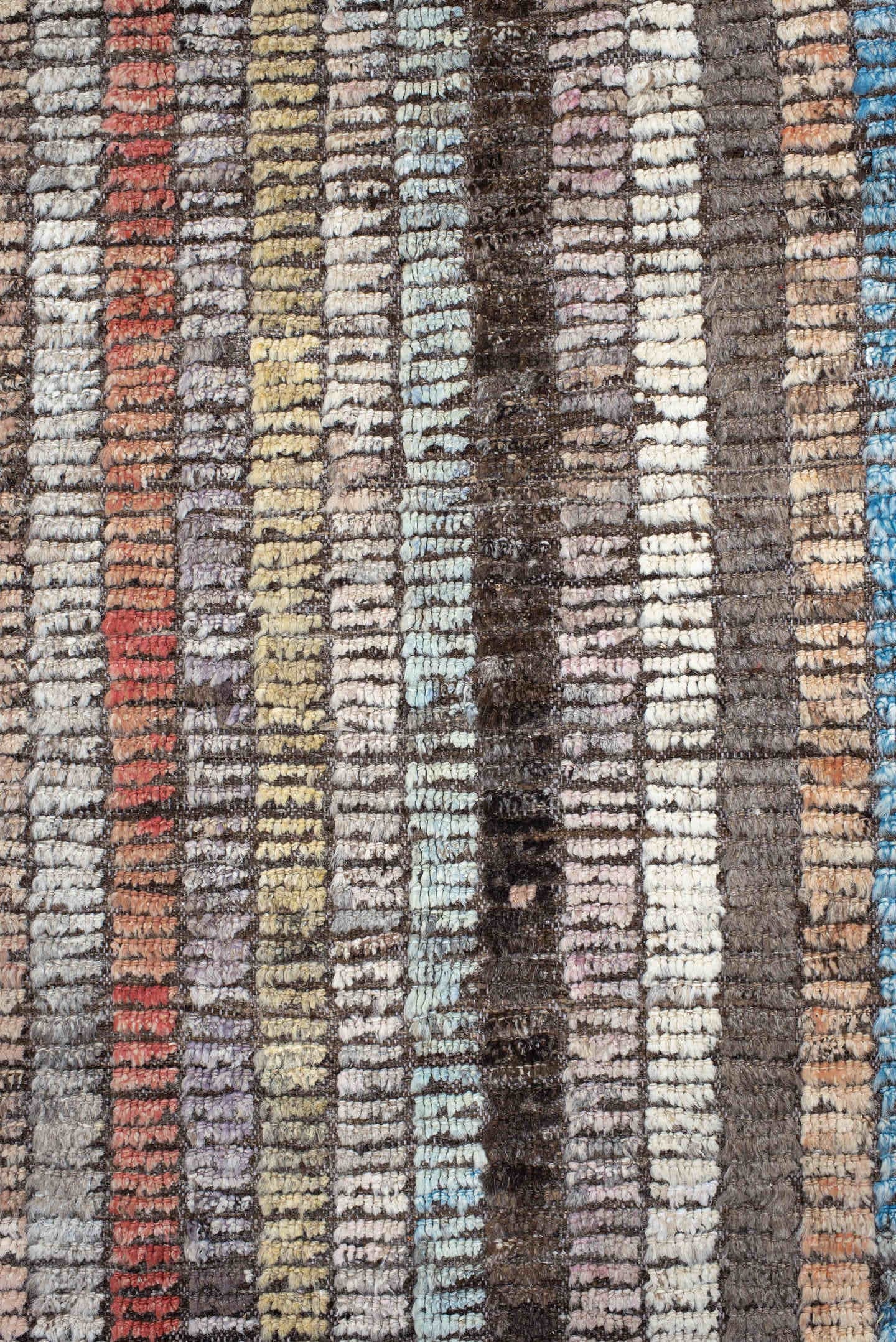 6' x 9' one-of-a-kind handmade vintage Tulu medium size rug. Color palette: brown, ivory, sky blue, coral, lavender, gold
