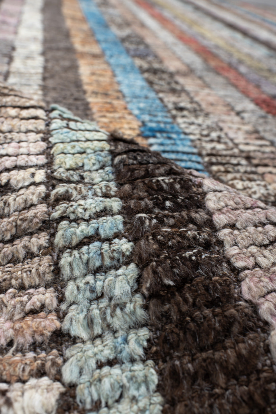 6' x 9' one-of-a-kind handmade vintage Tulu medium size rug. Color palette: brown, ivory, sky blue, coral, lavender, gold