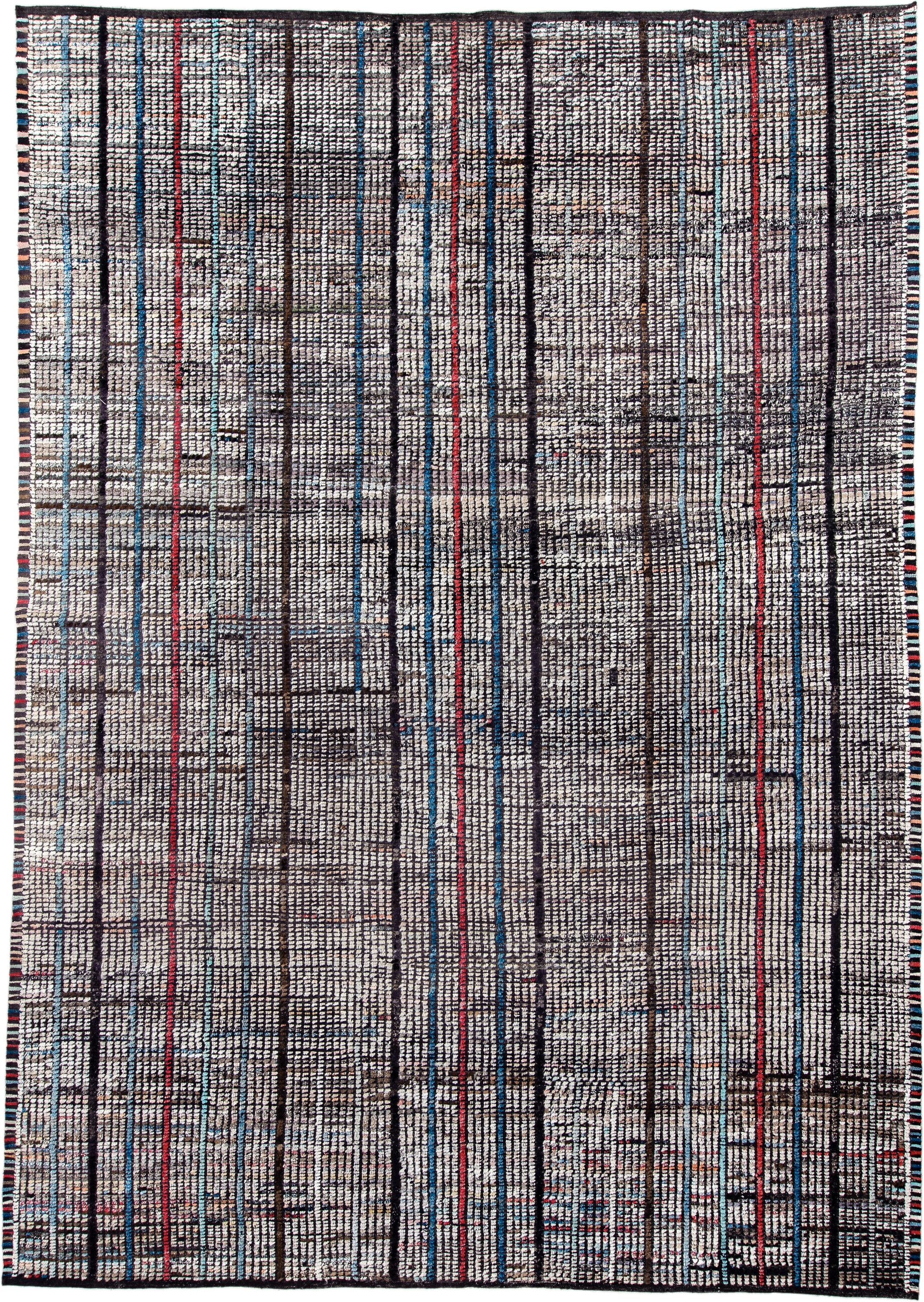 10' x 14' one-of-a-kind handmade vintage Tulu large size rug. Color palette: ivory, charcoal, slate, indigo, crimson, taupe
